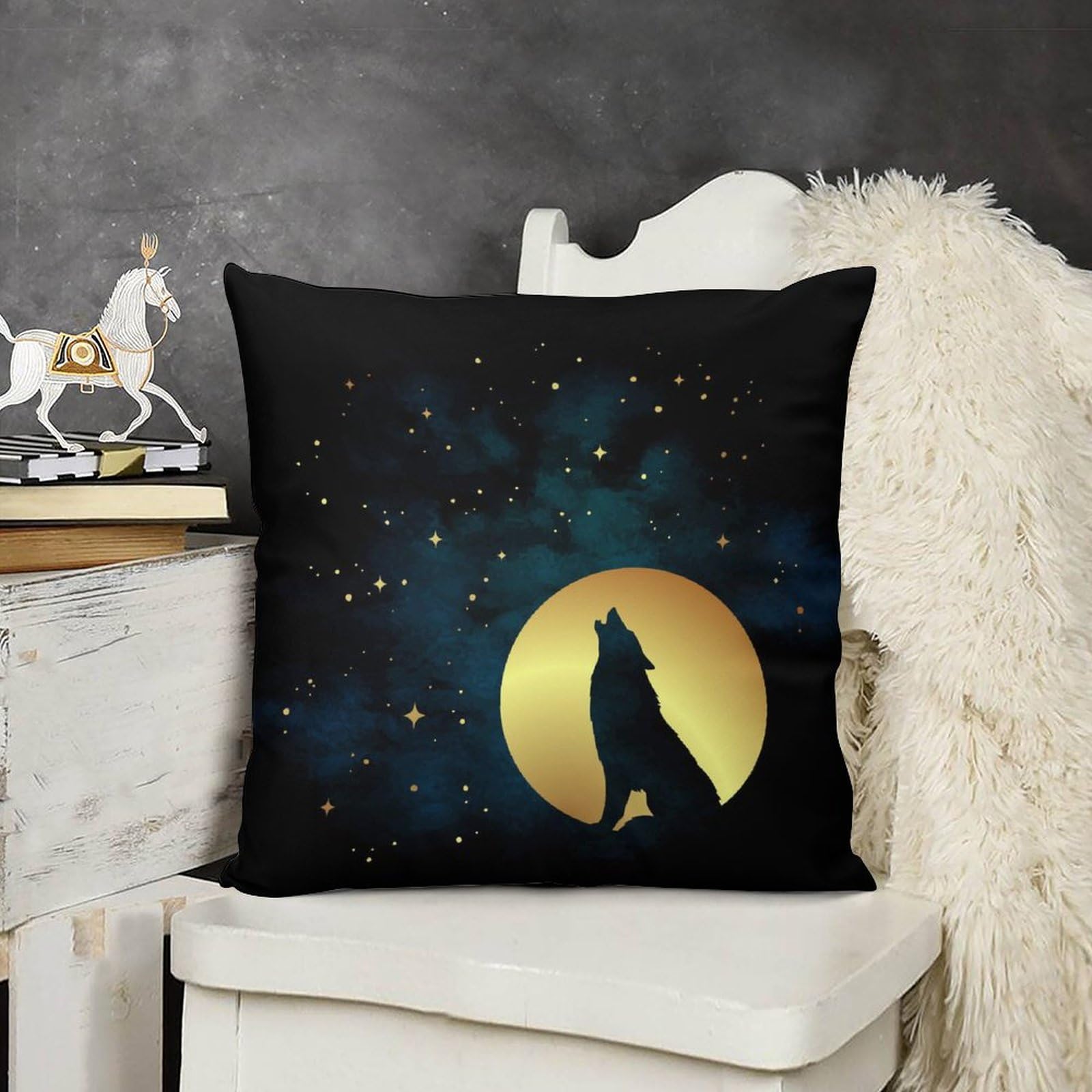 Wolf Howling at Full Moon Plush Pillow Cover - Soft & Durable 20x20 Inch Body Pillow Case for Sofa, Bed, or Home Decor - Perfect for Anime Fans, Nature Lovers & Cozy Home Styling
