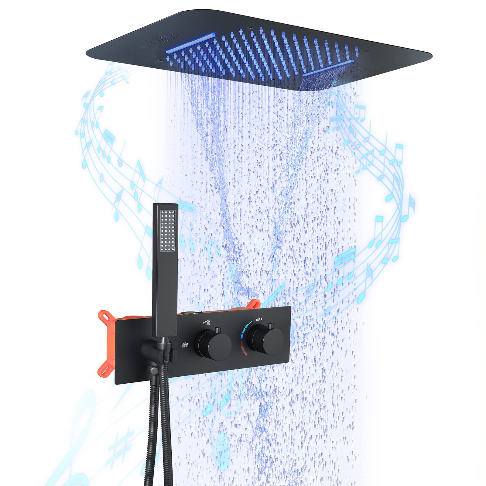 QREZAA 64 Color LED Shower System with Rainfall Shower Head - Luxury Hot/Cold Bathroom Faucet Set, 580x380mm 2-Function Shower Combo - Perfect for Spa-Like Relaxation & Modern Bathroom Upgrade