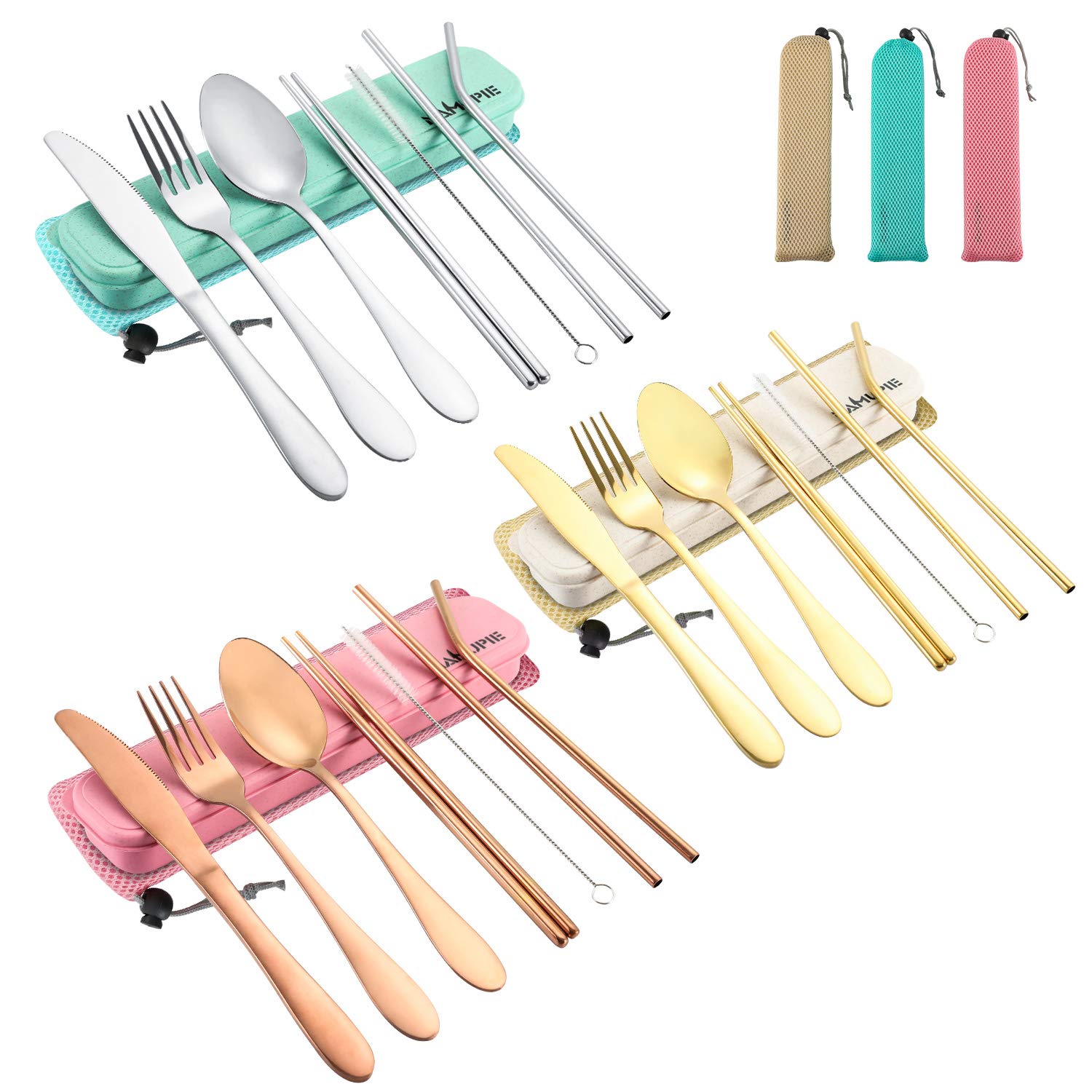 Premium 9-Piece Stainless Steel Travel Utensil Set with Case - Reusable Knife, Fork, Spoon & Chopsticks for Camping, Hiking, Picnics & Outdoor Adventures - Portable Silverware Cutlery Set (Beige)