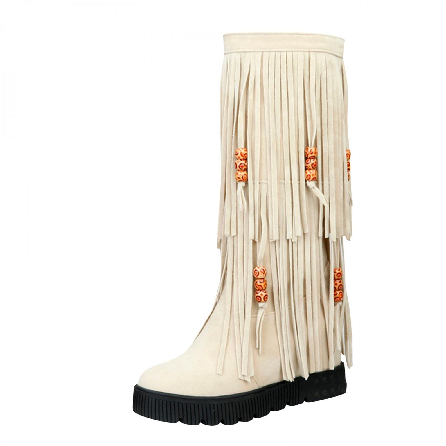 Women's Mid Calf Boots - Breathable Fashion Flats with Beaded Tassel Details, Retro Round Toe in Pure Colors | Perfect for Casual Outfits, Office Wear & Boho Style