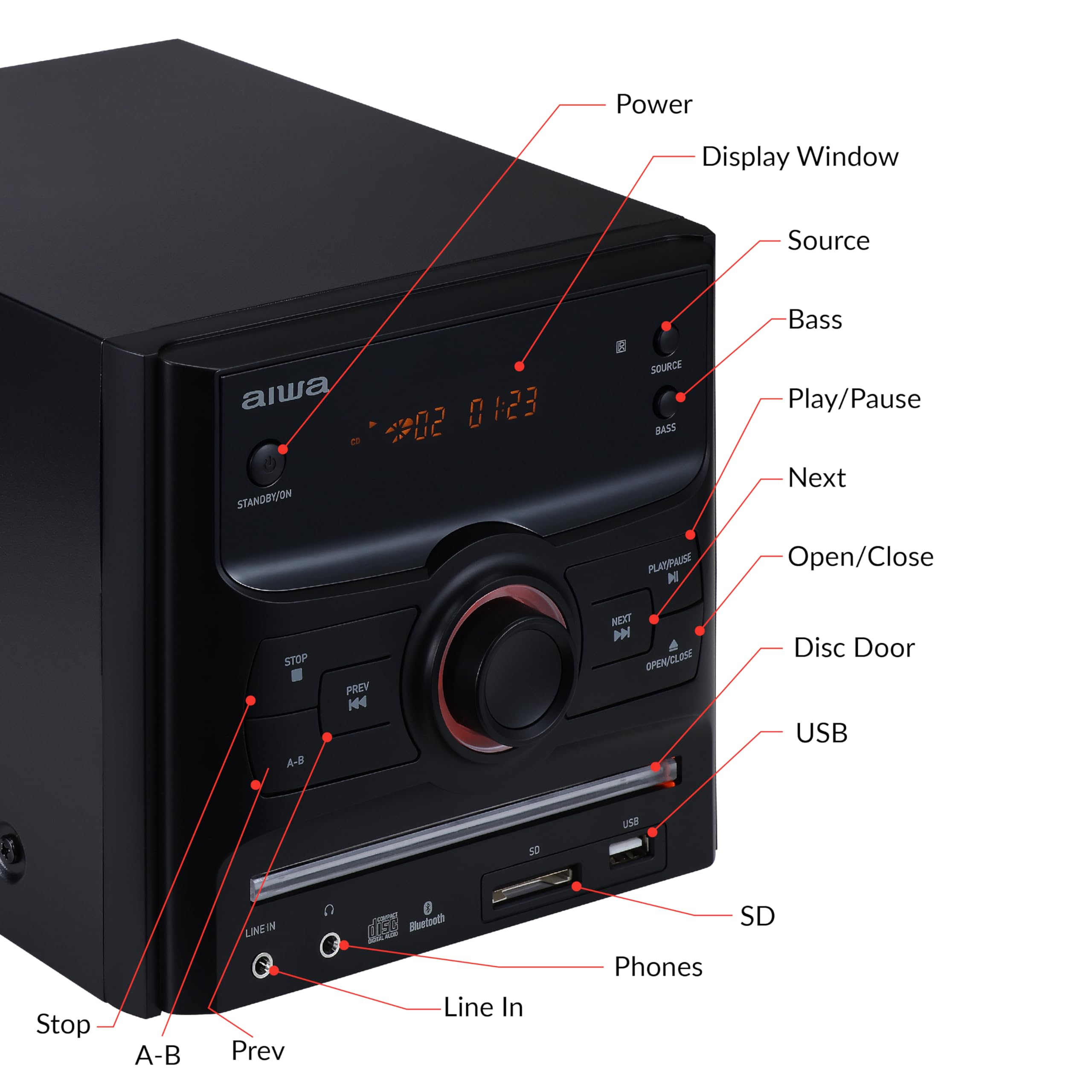 Aiwa 60W Bluetooth Stereo System with Bookshelf Speakers - CD Player, FM Radio, USB/AUX Input, Hi-Fi Sound for iPhone, Android, Tablet & PC - Perfect for Bedroom, Office and Home Entertainment