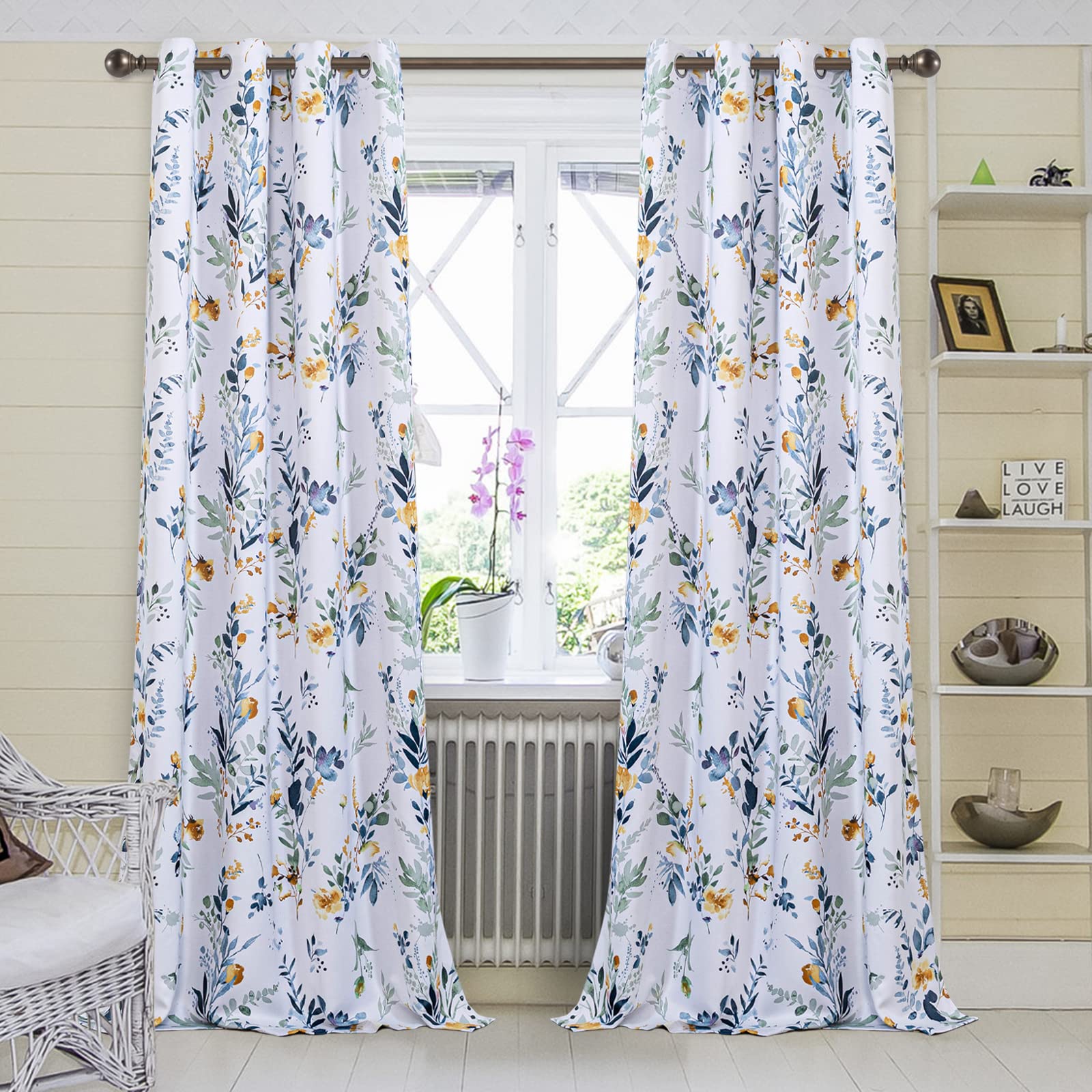 MYSKY HOME Floral Curtains 84 Inches Long - Room Darkening Thermal Insulated Light Blocking Drapes with Grommet Top for Living Room, Bedroom & Bathroom - 2 Panels Set in Yellow and Blue - Perfect for Privacy, Energy Saving & Home Decor