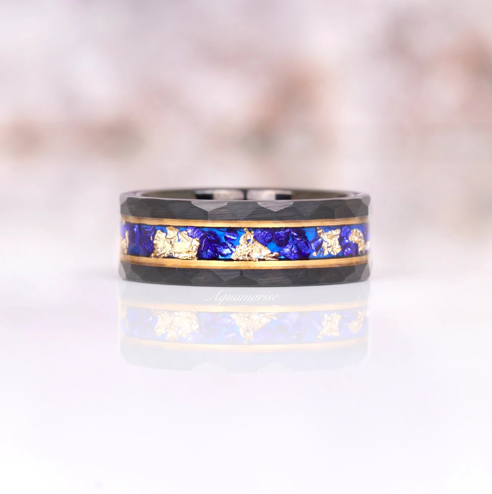 Skye Kite™ Blue Sapphire & Gold Leaf Couples Ring - Elegant Matching Wedding Bands for Him & Her, Perfect for Anniversaries, Engagements, and Romantic Gifts