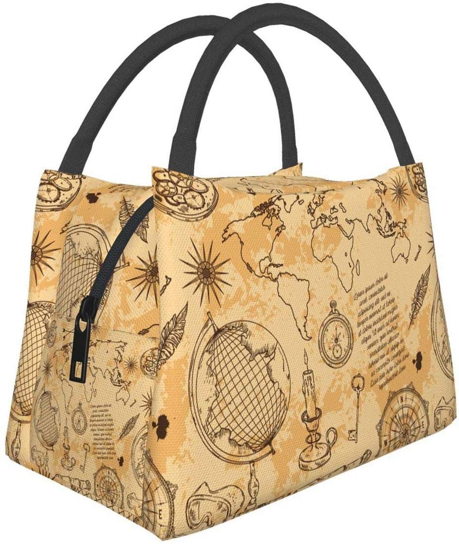 Portable Insulated Lunch Bag with Globe Compass World Map Design - Waterproof Tote Bento Box for Office, School, Hiking, Beach, Picnic & Fishing - Perfect for Work, Travel & Outdoor Adventures