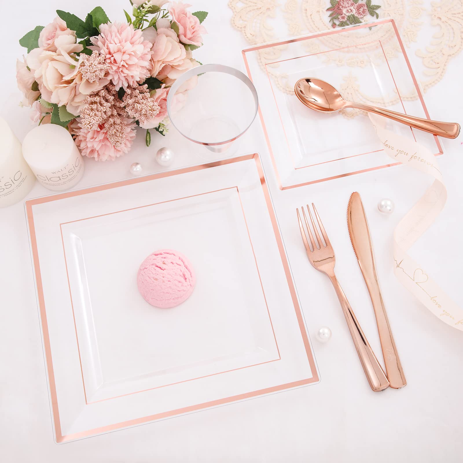 WELLIFE 150-Piece Rose Gold Disposable Plastic Dinnerware Set - 25 Square Dinner Plates, 25 Dessert Plates, 25 Cups, 25 Forks, 25 Knives, 25 Spoons - Elegant Party Tableware for Weddings, Birthdays & Events