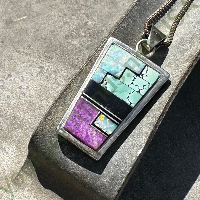 Southwestern Sterling Silver Double Sided Channel Inlay Necklace - Handcrafted Jewelry for Women, Boho Chic Style, Perfect for Casual Wear & Special Occasions