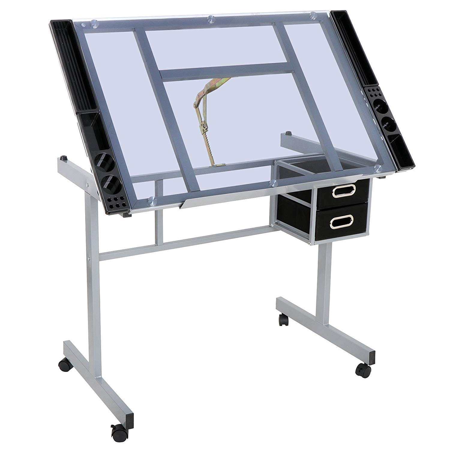 Adjustable Drafting Table with Wheels - Tilting Glass Top Artist Desk for Drawing & Crafting, Includes Storage & Side Tray - Perfect for Home Office, Studio & Art Classroom Workspaces