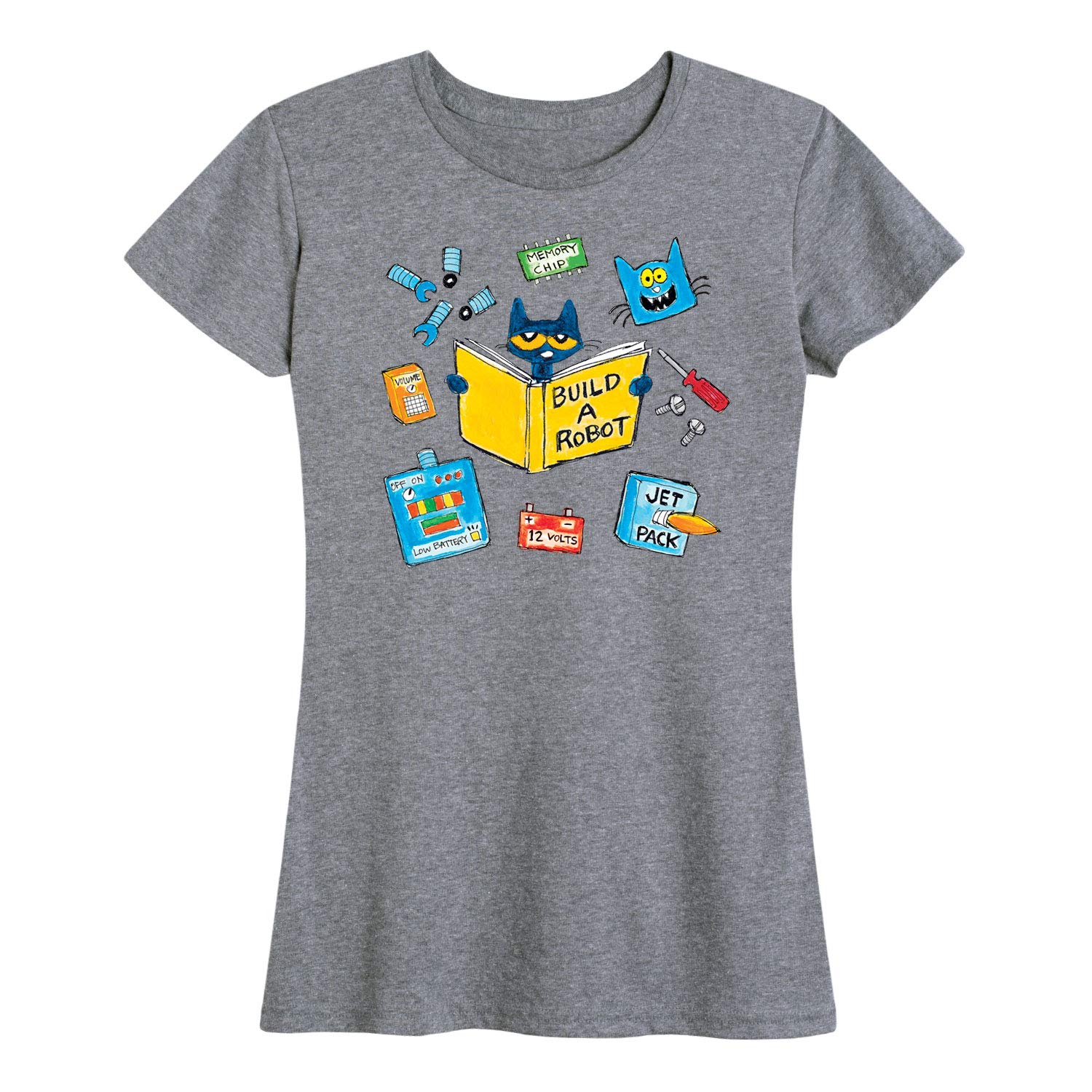 Pete the Cat Build A Robot Women's Short Sleeve Graphic Tee - Cute Cartoon Cat T-Shirt for Casual Wear, Gifts & Everyday Outfits