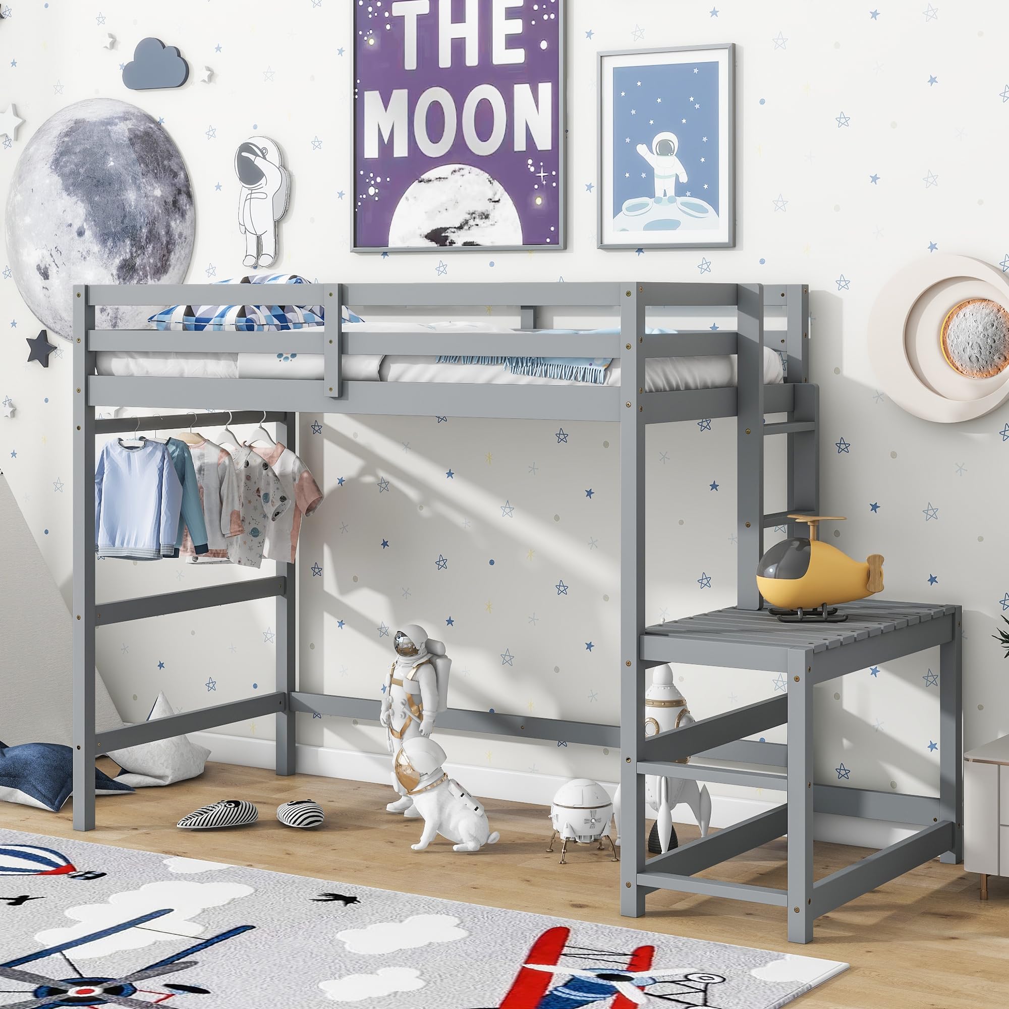 **Twin Size Wooden Loft Bed with Ladder, Guardrails & Landing Platform – Space-Saving High Loft Bed with Slats Support & Under-Bed Storage – No Box Spring Needed (Gray) – Perfect for Kids, Teens & Small Bedrooms**