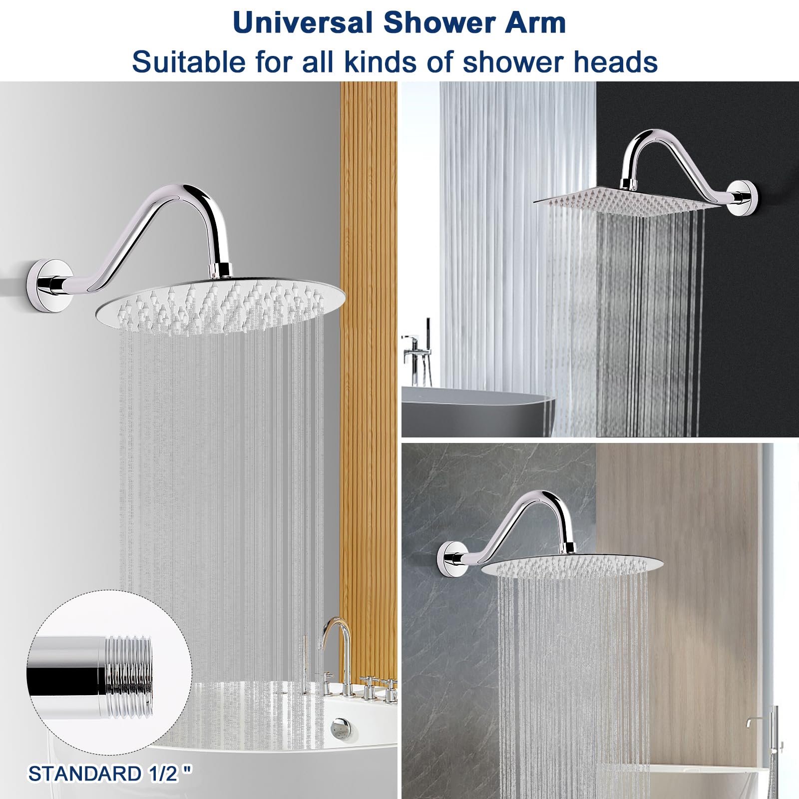 NearMoon J Shaped Shower Extension Arm - 8 Inch Stainless Steel Shower Head Height Extender with Flange & Riser Pipe Design - Standard 1/2