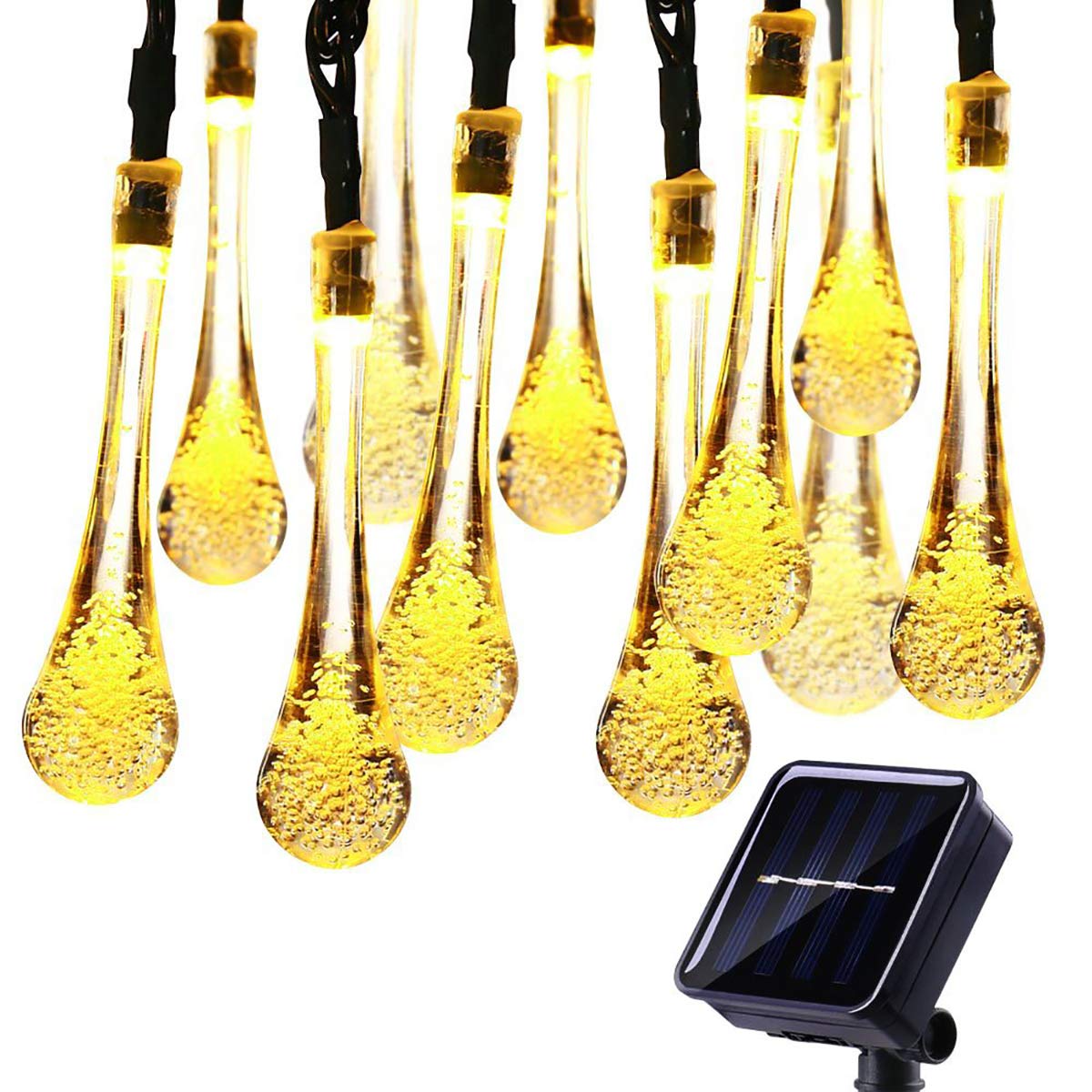WONFAST 20ft 30 LED Solar Outdoor String Lights - Waterproof Crystal Water Drop Fairy Lights for Garden, Patio, Wedding & Christmas Decor (Warm White) | Perfect for Backyard, Party, Holiday & Outdoor Lighting