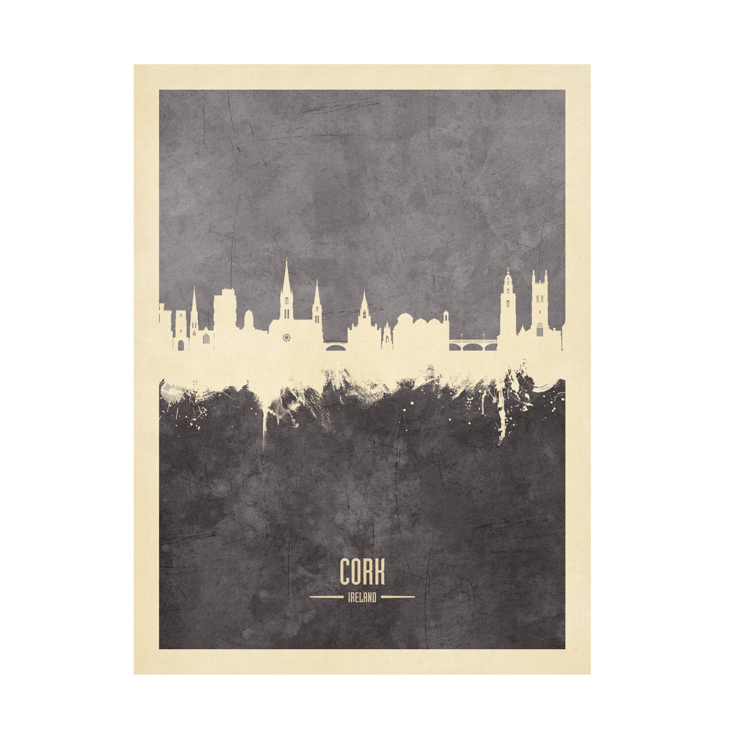 Michael Tompsett 'Cork Ireland Skyline Gray' Canvas Wall Art Print - Modern Cityscape Painting for Living Room, Office & Home Decor