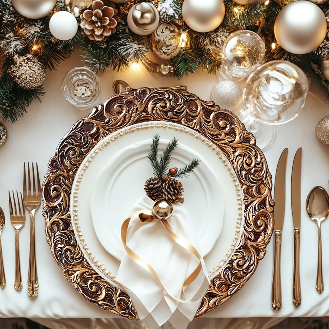 Antique Gold Charger Plates Set of 6 - 13 Inch Round Plastic Embossed Dinner Plate Chargers for Wedding, Party & Elegant Table Decor - Perfect for Formal Dining, Holiday Celebrations & Special Events