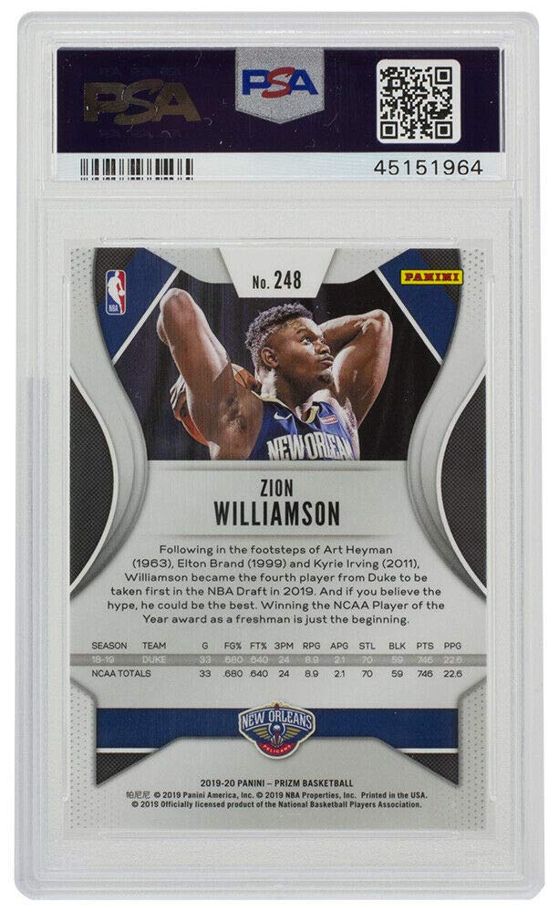 Zion Williamson 2019 Panini Prizm #248 New Orleans Pelicans Rookie Basketball Card PSA 9 Mint - Perfect for NBA Collectors, Sports Memorabilia Displays, and Investment Portfolios
