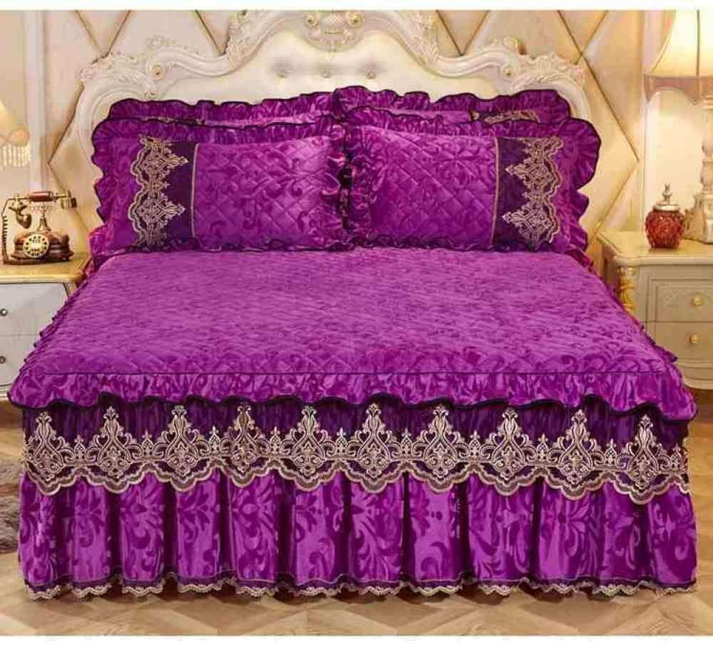 Royal Blue Velvet Princess Bedding Set - King/Queen Size Bed Skirt, Pillowcases & Mattress Cover with Lace Trim | 1-3 Piece Warm Thick Luxury Bed Sheets for Girls & Women | Perfect for Winter, Weddings & Special Occasions