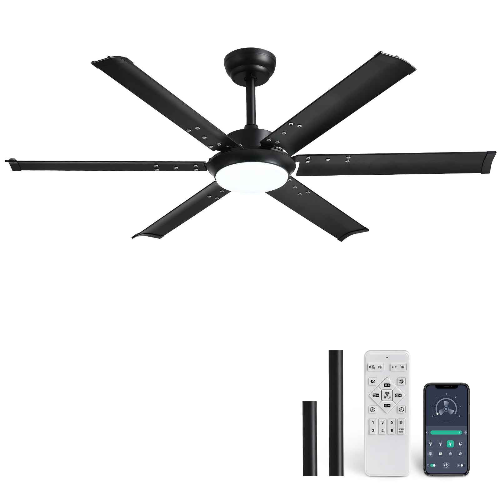 CROSSIO 52 Inch Black Industrial Ceiling Fan with Lights - Remote Control, Dimmable LED, Reversible 6-Speed Silent Motor - Aluminum Fandelier for Living Room, Bedroom, Dining Room & Outdoor Patio | Perfect for Home Cooling and Stylish Lighting Decor