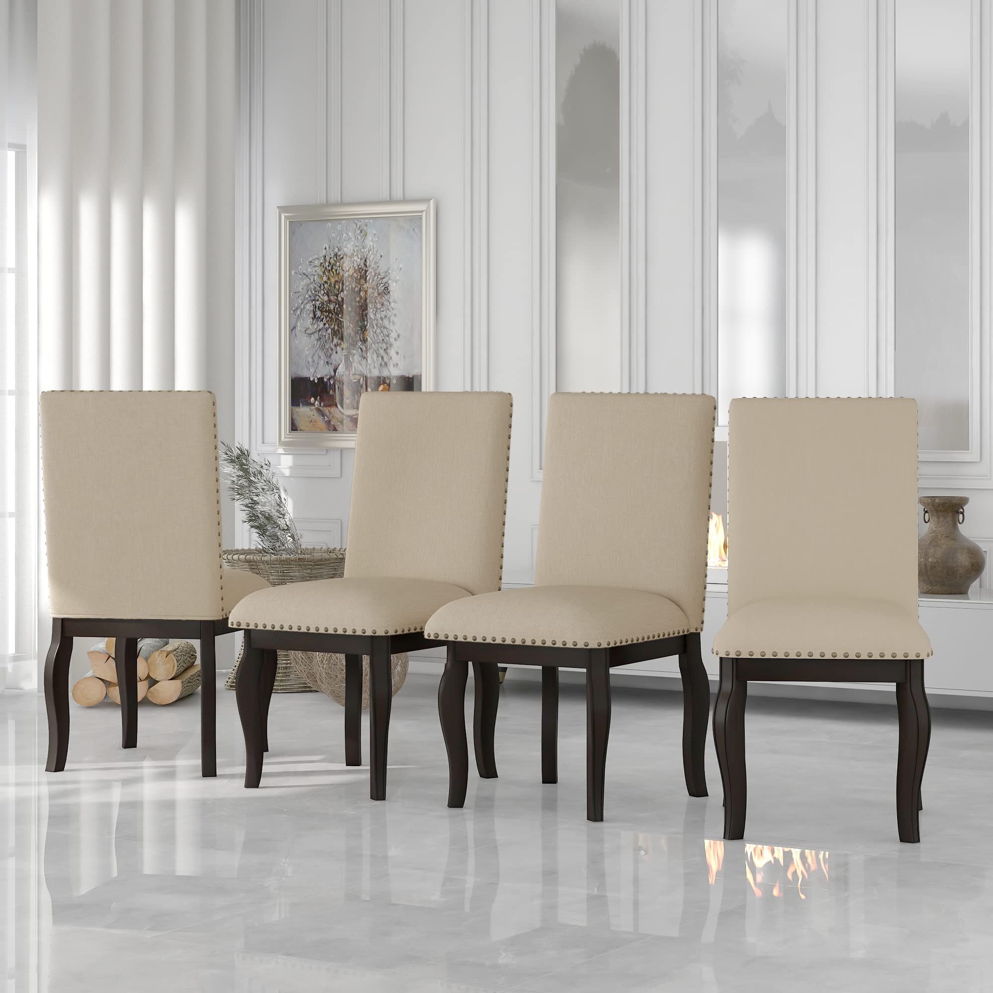 Knocbel Farmhouse Upholstered Dining Chair Set of 4 - Kitchen & Dining Room Chairs with Nailhead Trim, 250lbs Weight Capacity, Espresso Finish - Perfect for Farmhouse Decor, Family Dinners & Restaurant Seating