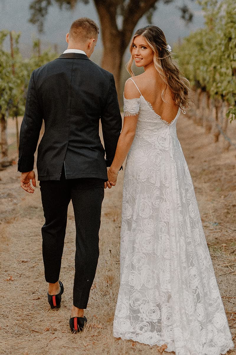 Off The Shoulder A-Line Lace Boho Wedding Dress Long Bridal Gown with Slit - Elegant Beach, Garden & Destination Wedding Gown for Bride