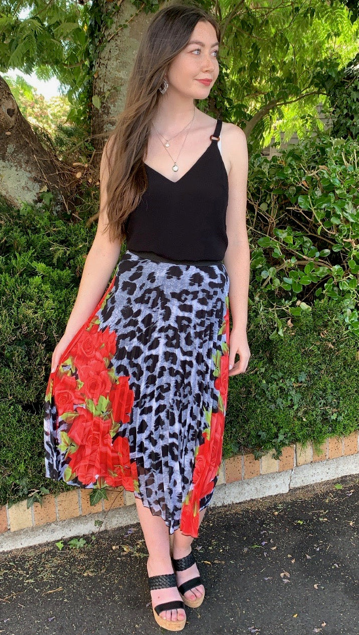 Floral Animal Print Pleated Midi Skirt for Women - A-Line Summer Casual Skirt for Beach, Party & Vacation Outfits