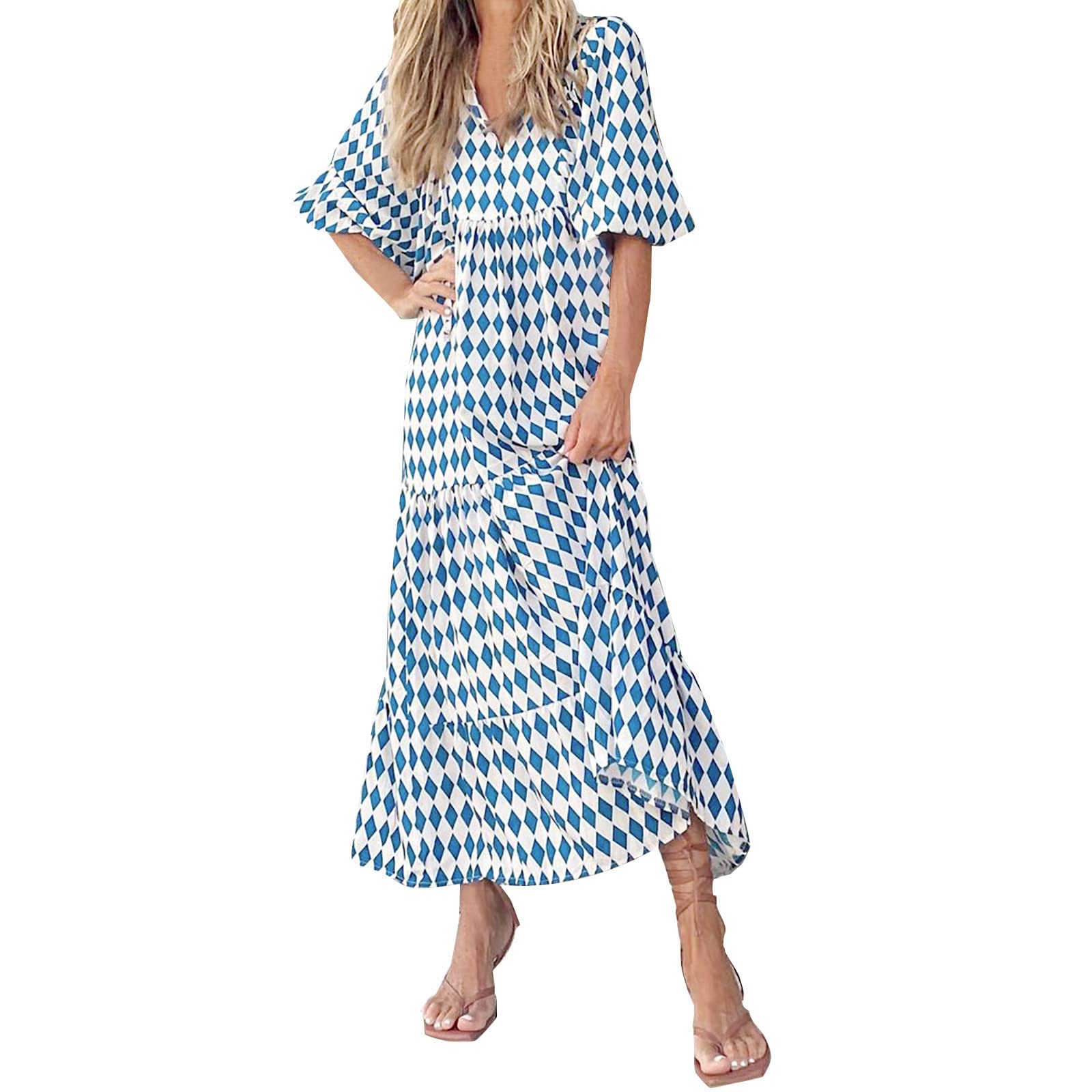 Women's Long Sleeve Maxi Dress with Lantern Sleeves & V-Neck - Floral Print Casual Beach Party Dress for Summer Vacations, Date Nights & Outdoor Events