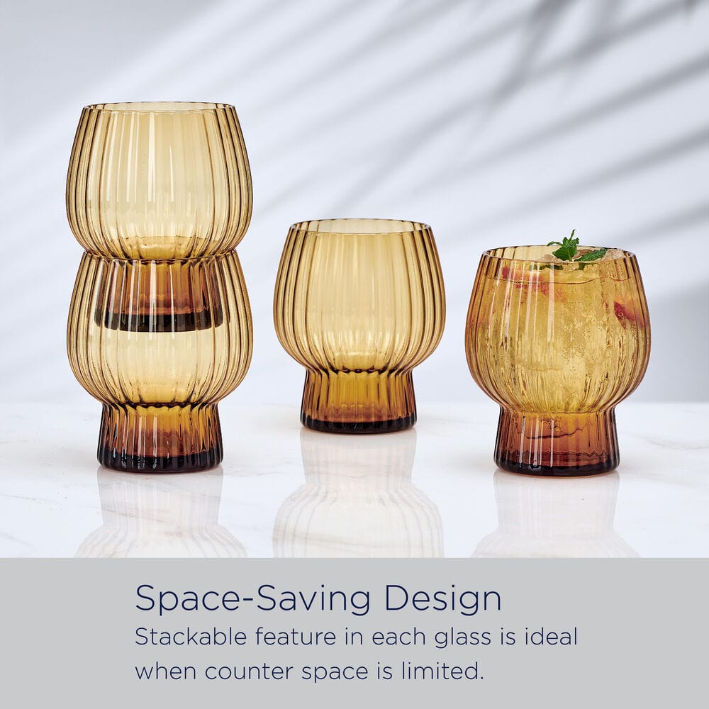 Phoebe Optic Amber Set of 4 Double Old Fashioned Whiskey Glasses - Perfect for Bourbon, Cocktails & Home Bar Decor