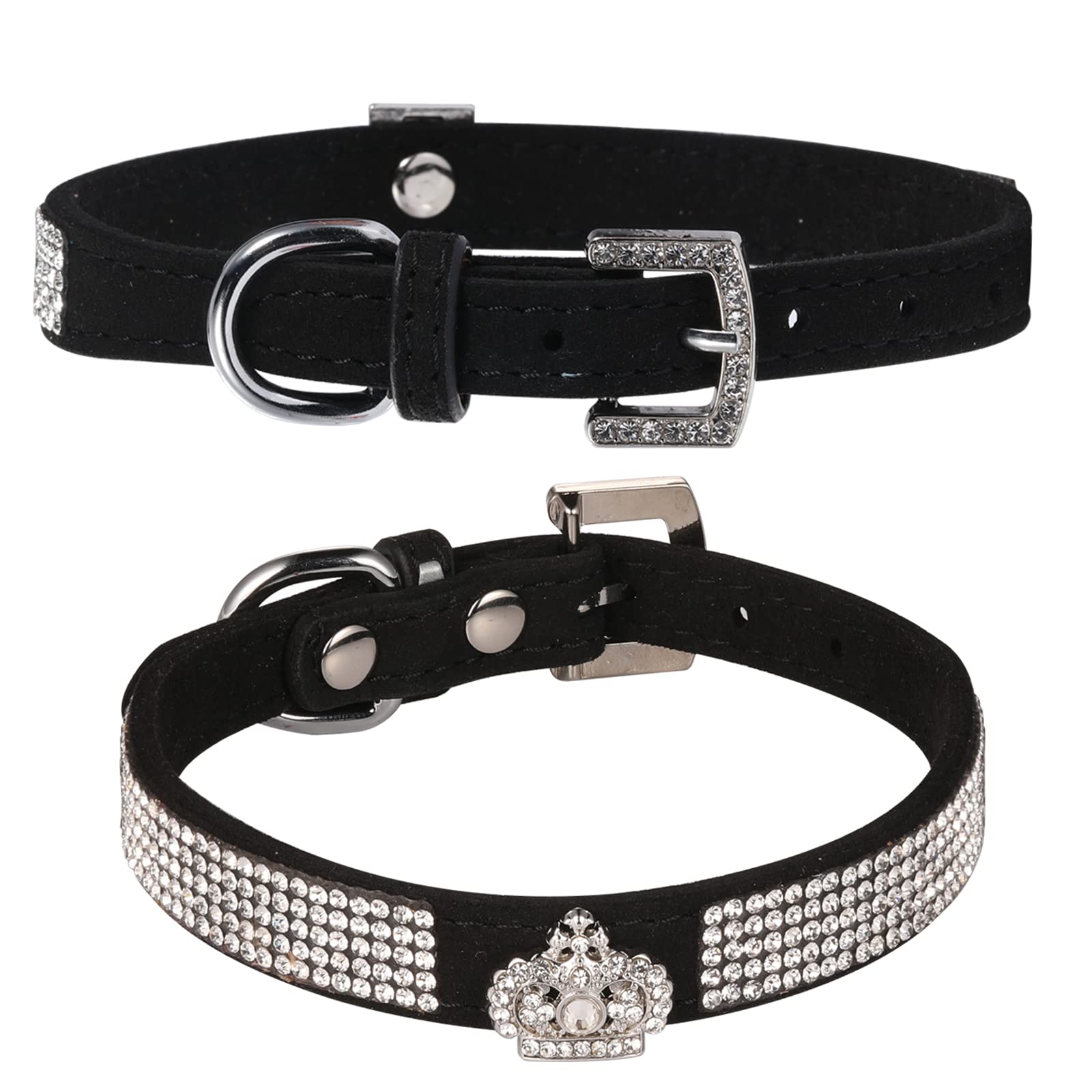 Luxury Sparkly Silver Buckle Rhinestone Crown Velvet Leather Pet Collar for Small Dogs & Cats - Elegant Bling Diamond Decoration for Puppies & Kittens (Size S, Black) | Perfect for Daily Walks, Grooming & Special Occasions