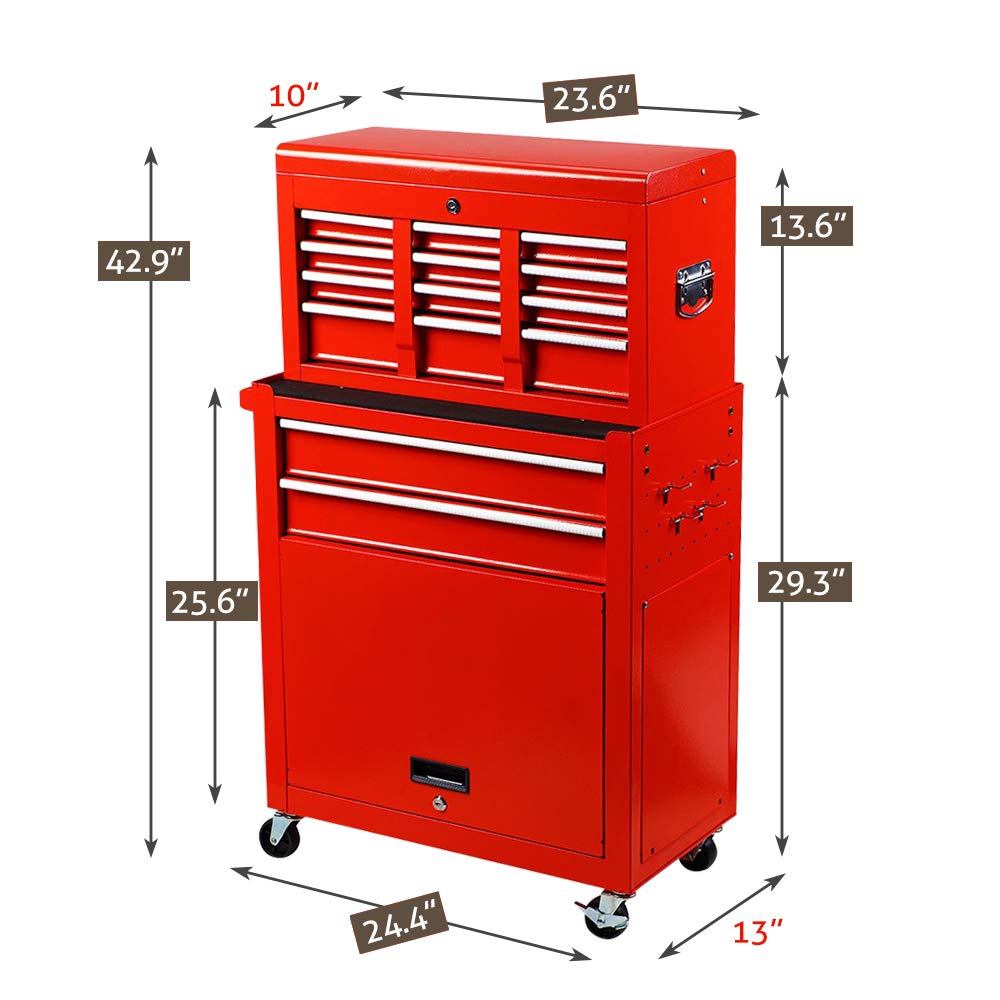 Heavy Duty Large Capacity Rolling Tool Chest with 8 Sliding Drawers - Removable & Lockable Tool Storage Cabinet Organizer for Garage, Workshop & DIY Projects - Red Toolbox for Professional Mechanics & Home Improvement