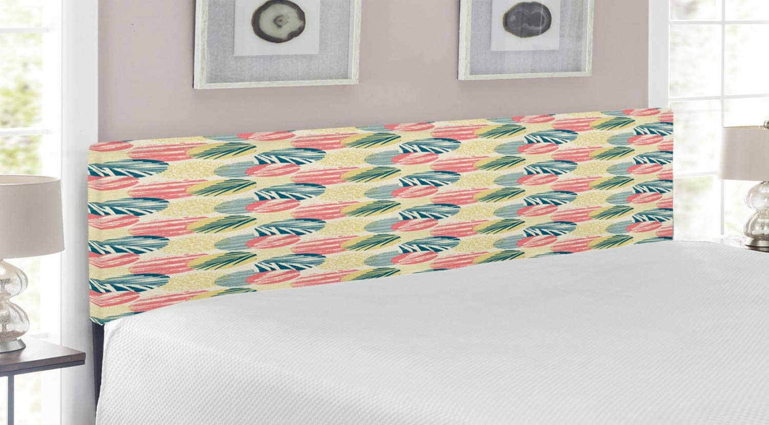 Ambesonne King Size Upholstered Metal Bed Headboard with Memory Foam - Exotic Palm Tree & Leaf Design in Blue Coral & Pale Yellow - Perfect for Tropical & Bohemian Bedroom Decor