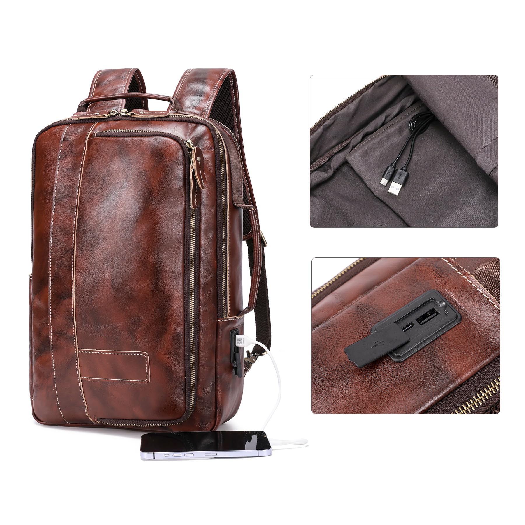 Premium Vegetable Tanned Leather Backpack for Men - Expandable 15.6 Inch Laptop Travel Bag, Durable Shoulder Rucksack for Work, College & Outdoor Adventures