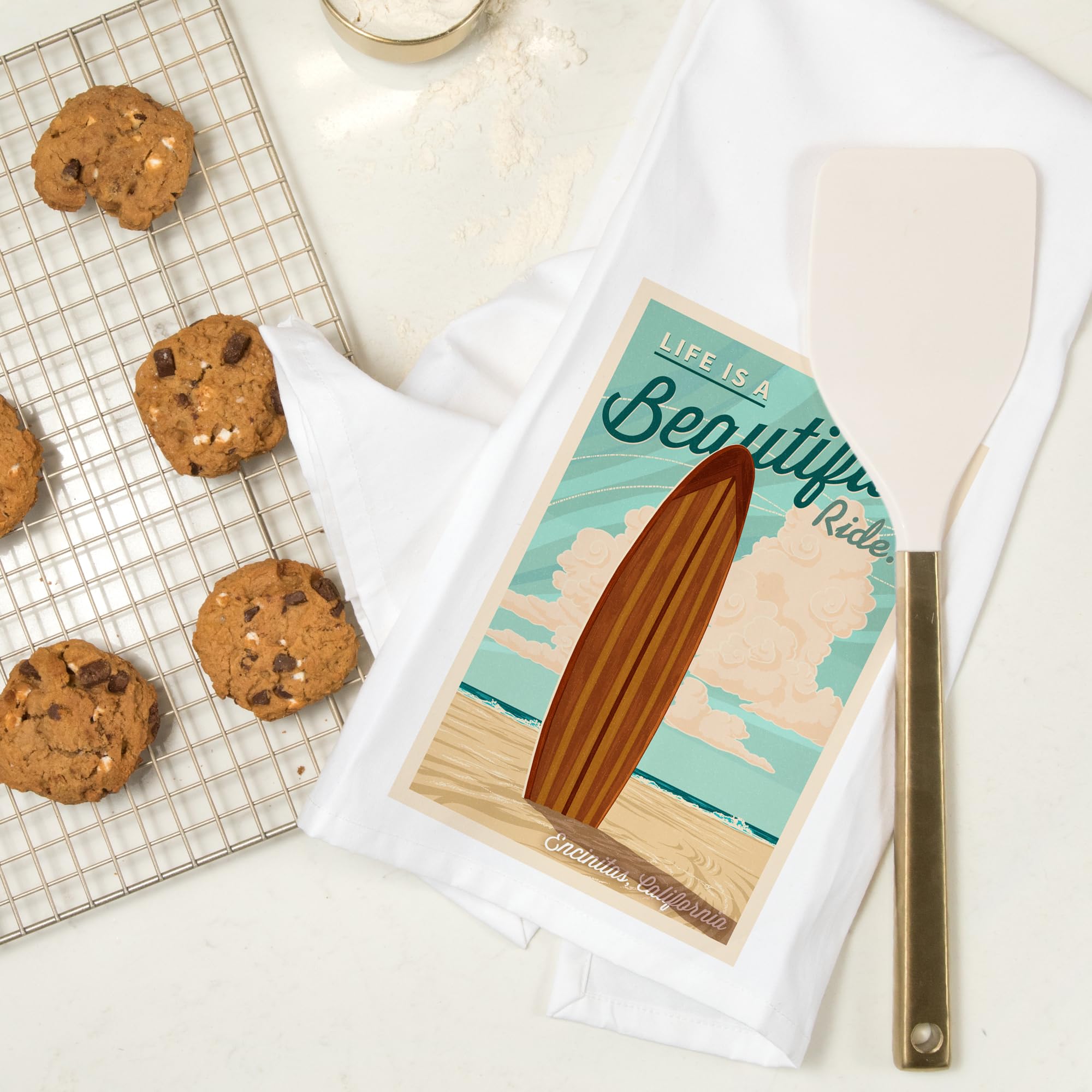 California Surfboard Letterpress Tea Towel - 100% Cotton Decorative Hand Towel for Kitchen & Home - Perfect for Beach House Decor, Coastal Themed Gifts & Surfing Enthusiasts