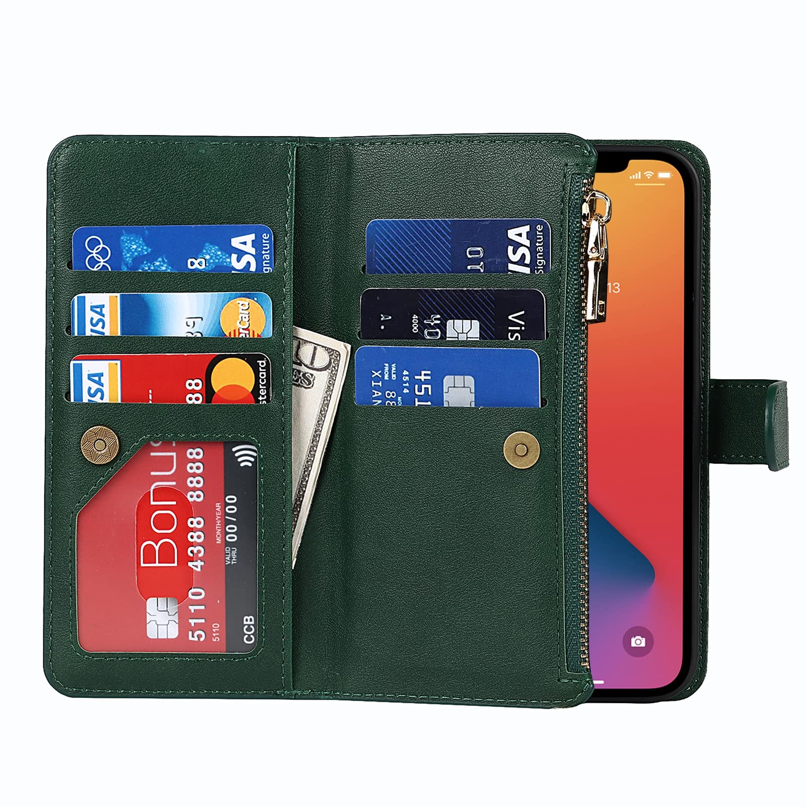 Jaorty iPhone 12 Pro Max Wallet Case (6.7 Inch) - PU Leather Phone Case with Card Holder, Zipper Pocket & Adjustable Crossbody Strap - Dark Green - Perfect for Women's Daily Use, Shopping & Travel