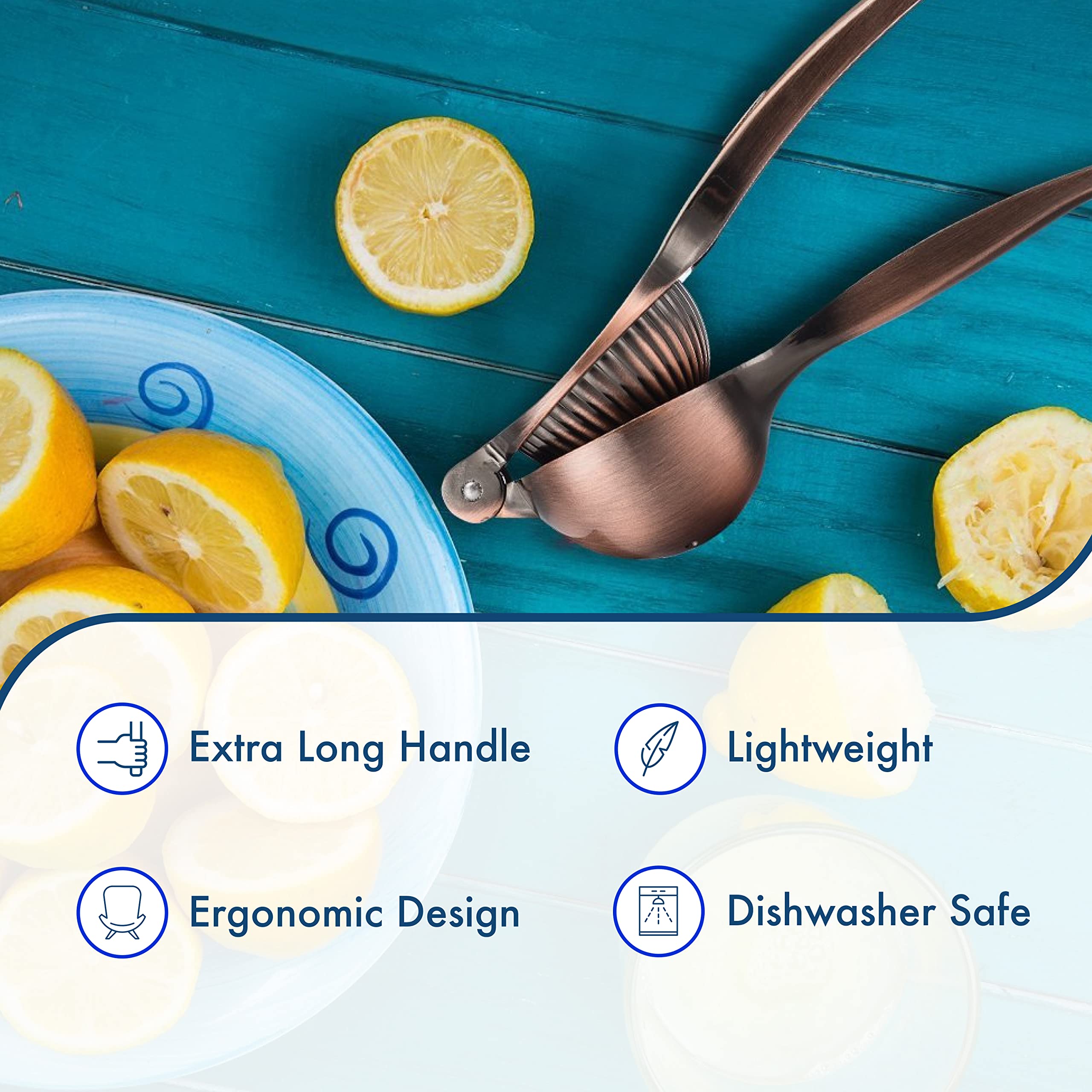 Premium Copper Lemon Squeezer - Heavy Duty Stainless Steel Citrus Juicer for Lime, Orange & Lemon - Ergonomic Hand Press for Fresh Juice - Perfect for Cocktails, Cooking & Healthy Drinks