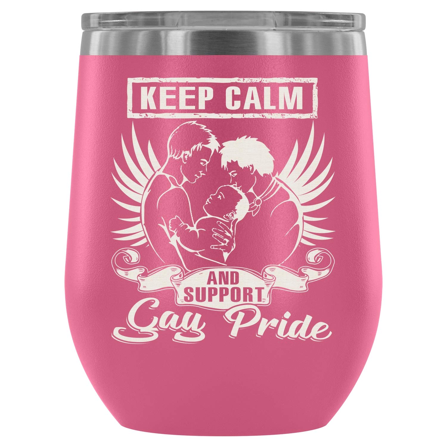 Stainless Steel Stemless Wine Tumbler 12oz - Vacuum Insulated Gay Pride Cup with 'Keep Calm & Support' Design, Perfect for LGBTQ+ Couples, Parties & Outdoor Events (Pink)