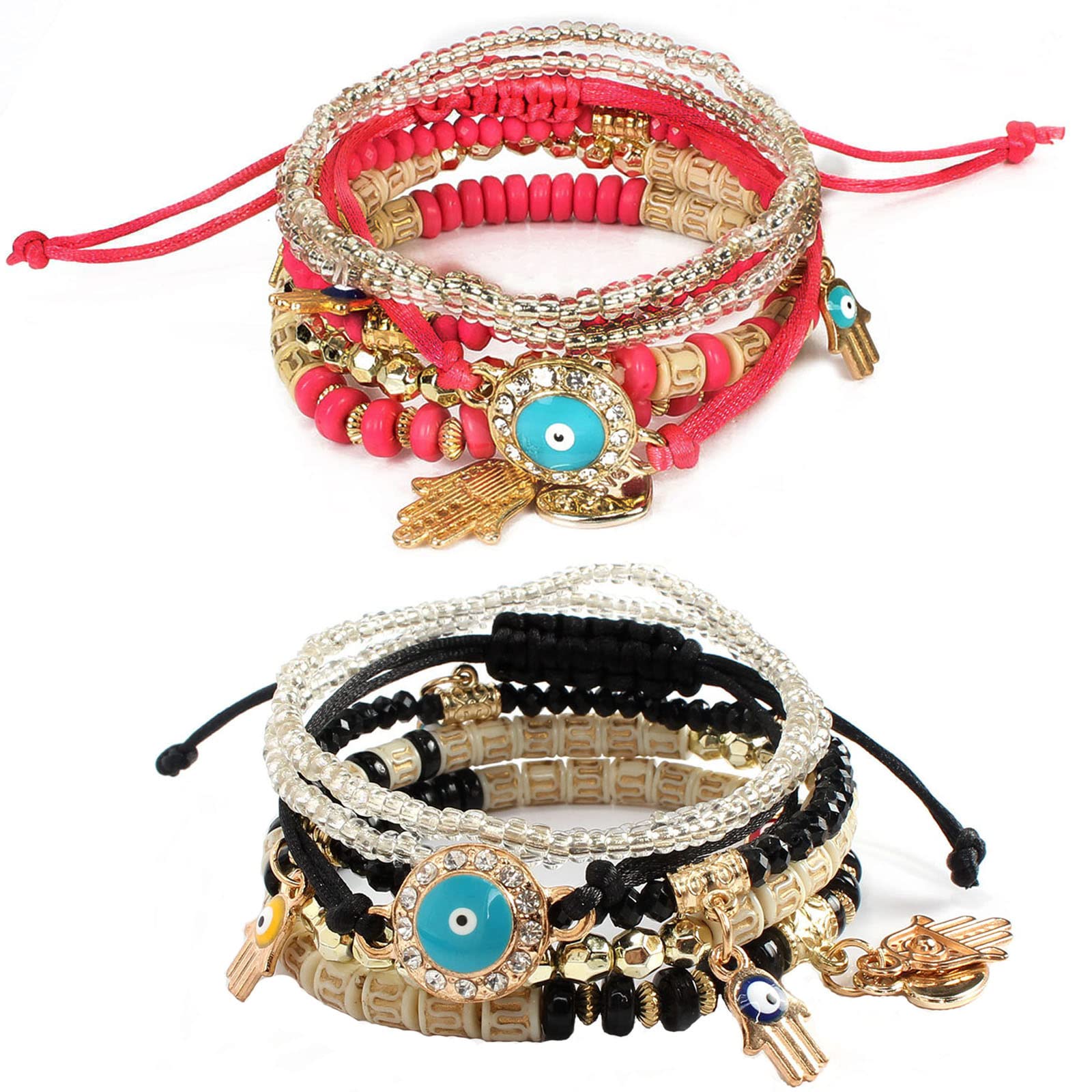 Bohemian Stretch Beads Bracelets for Women & Girls - Adjustable Stackable Multilayer Colorful Beaded Bracelet Set - Boho Hippie Jewelry for Lucky Protection - Perfect for Festivals, Beach Parties & Everyday Wear
