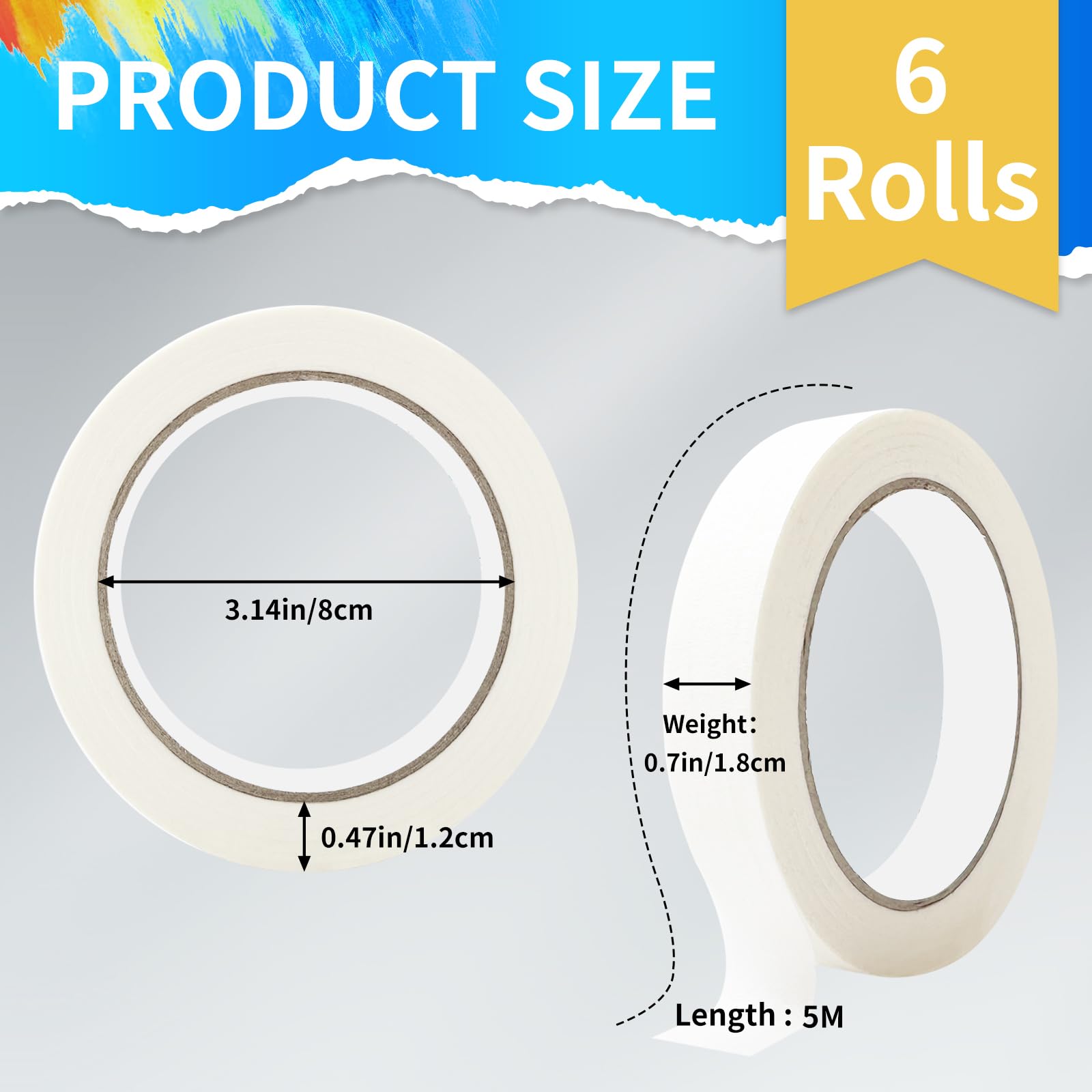 6 Rolls Masking Tape - 18mm x 5M Painters Tape for Walls, White Pinstripe Tape, Automotive & Craft Tape - Perfect for Art Painting, Tile Seamstresses, Automotive Spray Masking, DIY Projects & Home Renovations