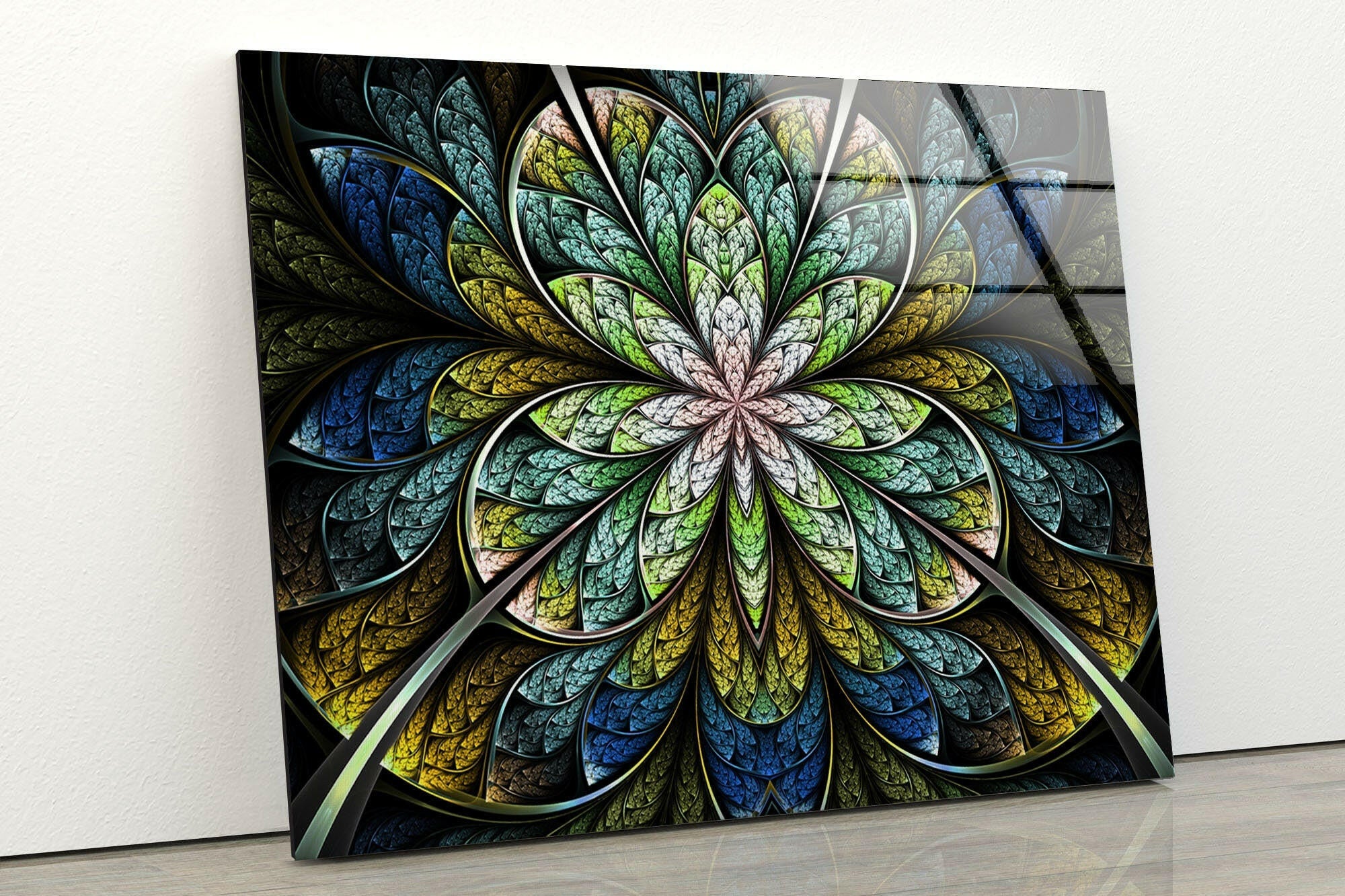 Blue Fractal Flower Glass Wall Art - Handmade Modern Home Decor for Living Room, Bedroom & Office - Elegant Glass Mosaic Wall Hanging for Unique Interior Design