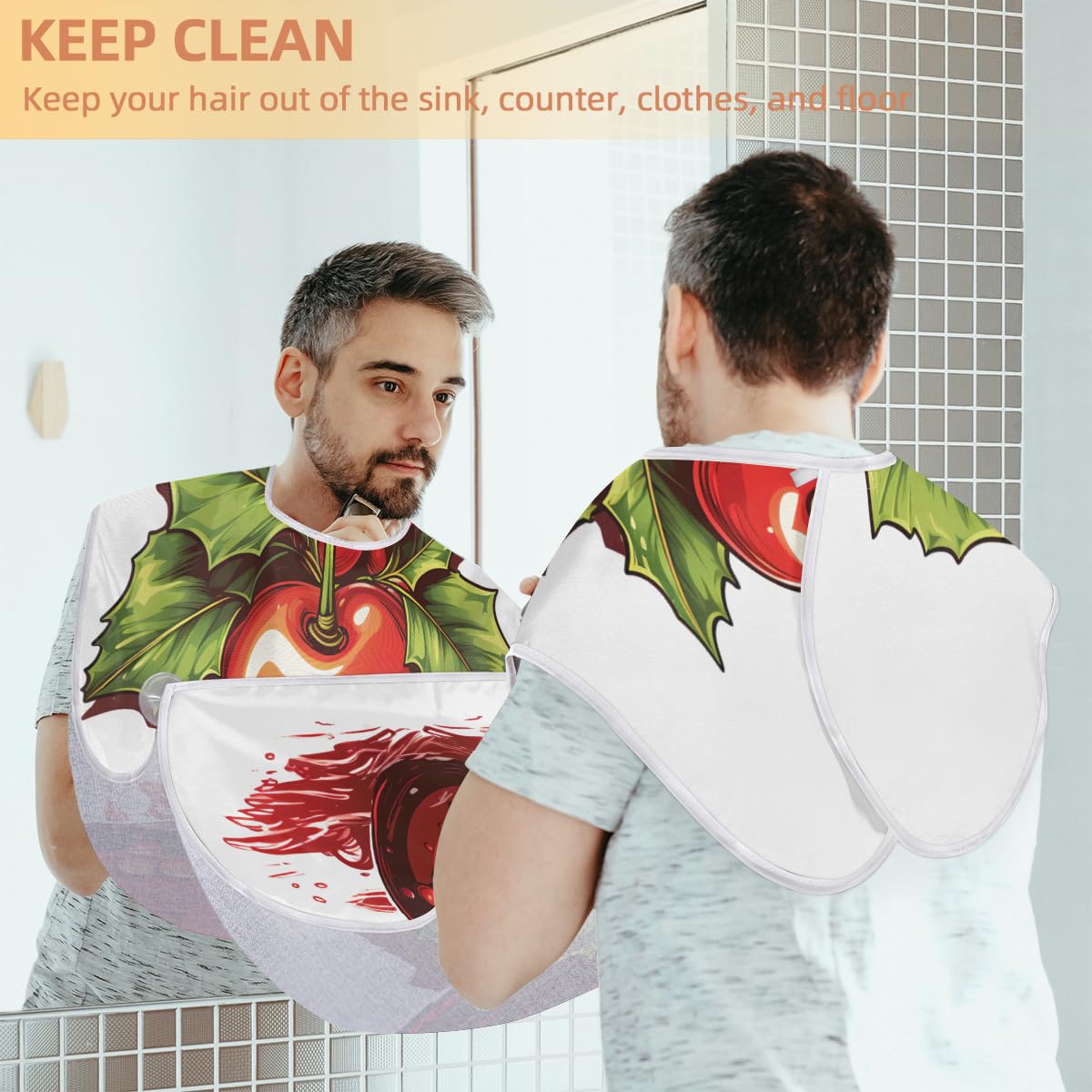 Cartoon Red Cherry Beard Shaving Bib for Men - Waterproof Hair Dye Apron & Barber Cape for Haircut, Beard Trimming & Makeup - Sink Hair Catcher & Styling Tool for Home Salon & Grooming Gifts