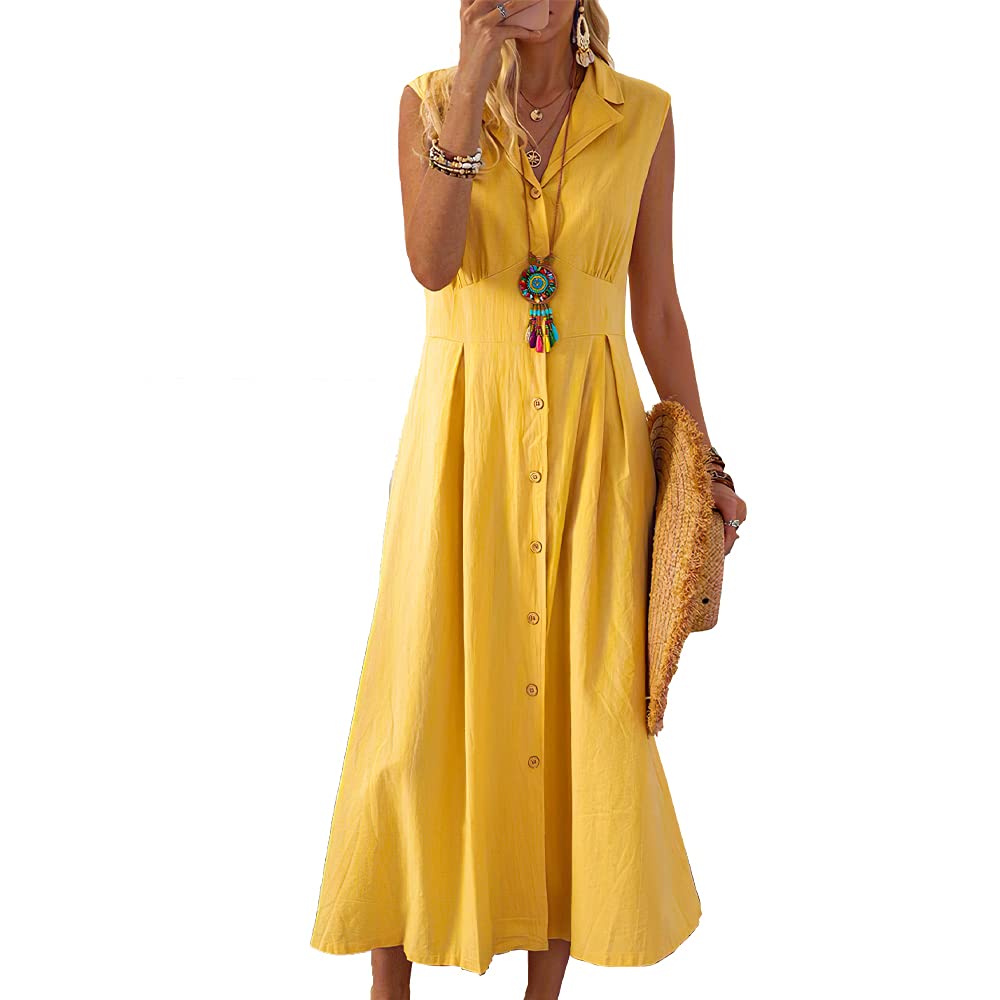 Vintage Women's Button Down Cotton Shirt Dress - V Neck Sleeveless A-Line Midi Dress for Casual Wear, Office, Summer Outfits & Beach Cover Up