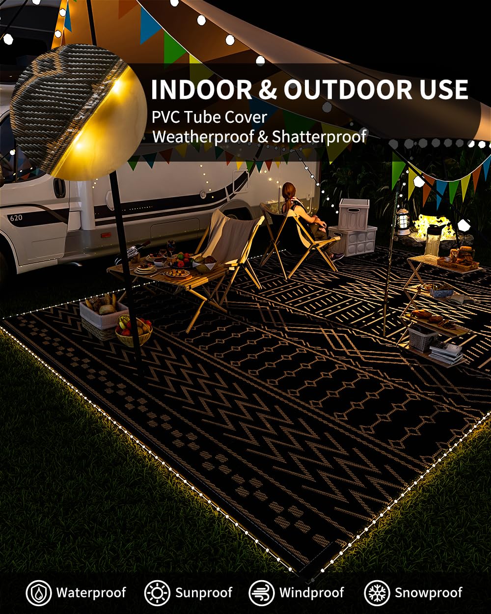 Waterproof 8x10 ft Outdoor Rug with LED Strip Lights - Reversible Lightweight Plastic Straw Mat for Patio, RV, Camping & Picnic | Indoor/Outside Boho Decor for Garden, Deck & Backyard