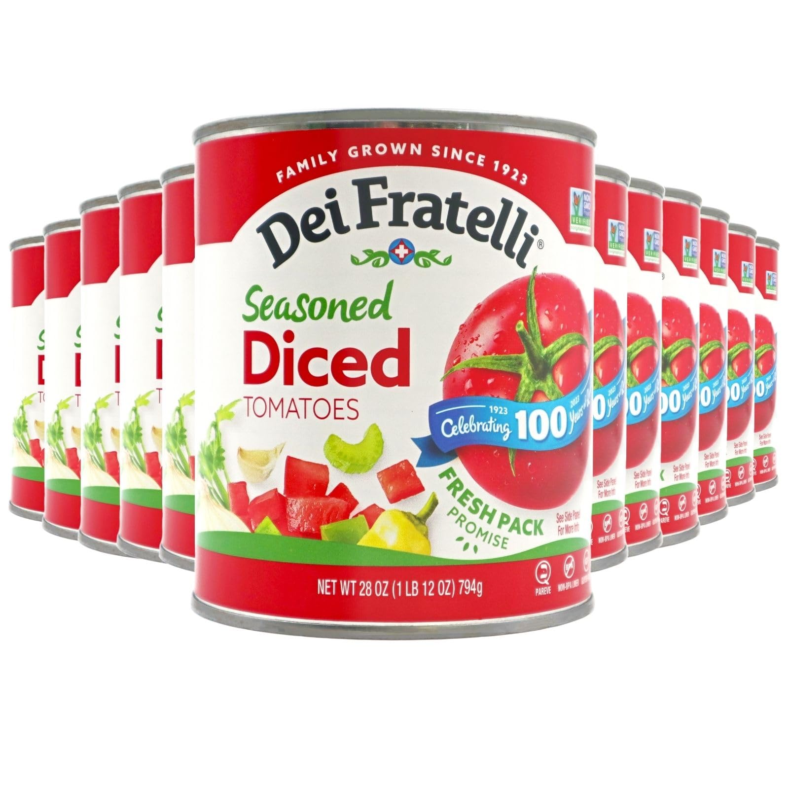 Dei Fratelli Seasoned Diced Tomatoes 28 oz (Pack of 12) - Vine-Ripened, Non-GMO, Gluten-Free - Perfect for Pasta, Pizza & Italian Cooking