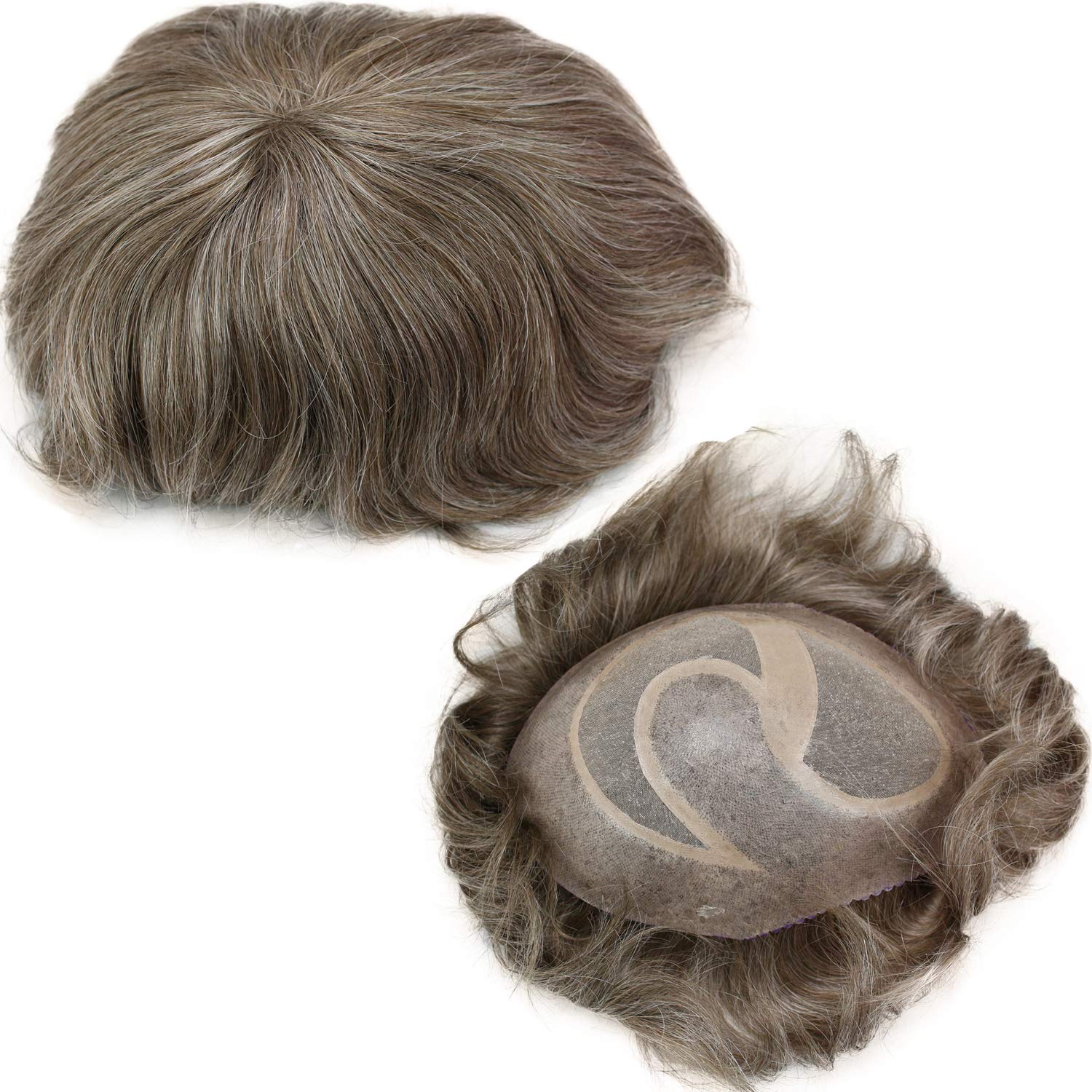 Premium Men's Toupee Hairpiece - 10x8 Inch Hair Replacement System with 80% #7 Color & 20% Grey - Natural Look for Thinning Hair & Baldness - Perfect for Daily Wear, Work & Social Events