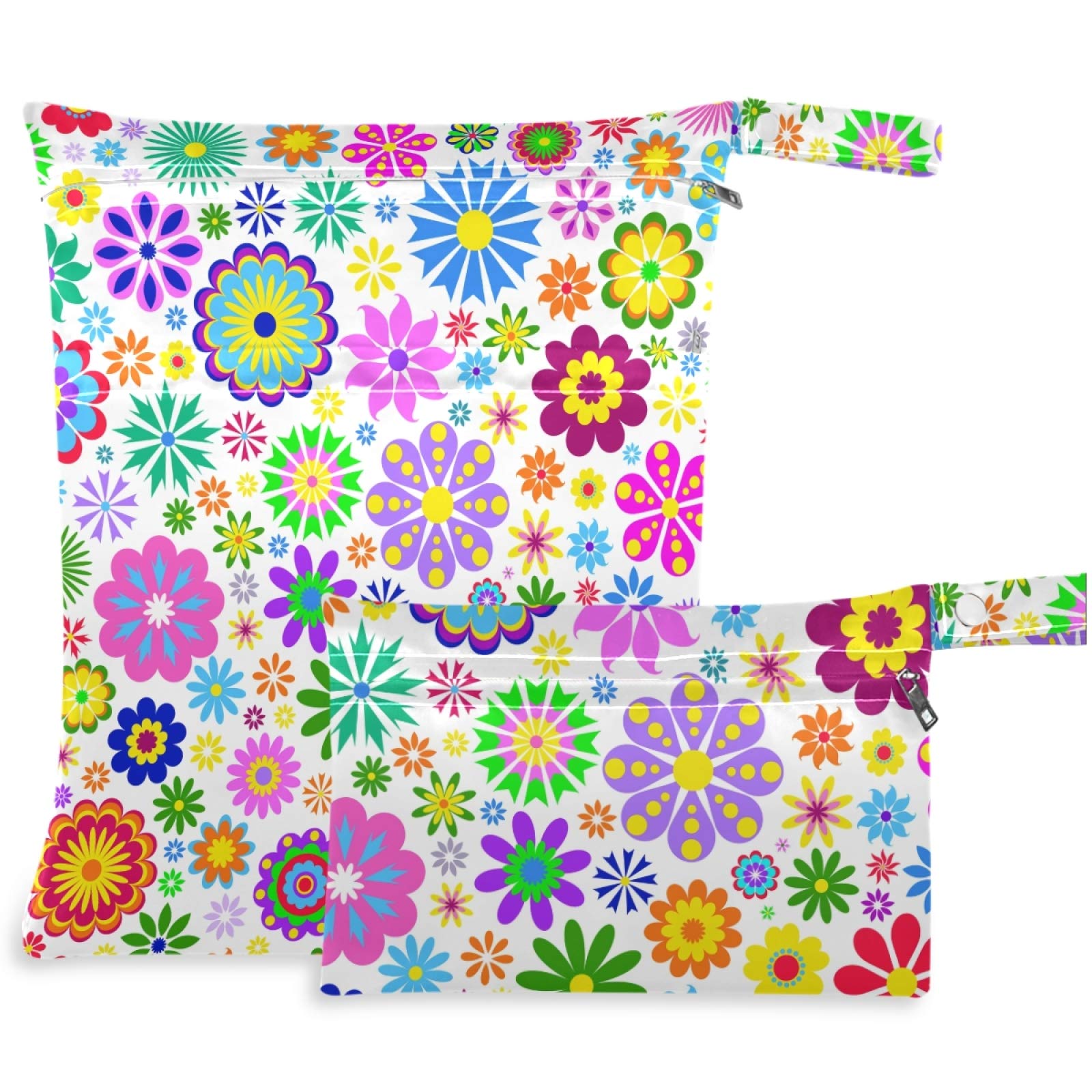 Visesunny 2-Pack Colorful Floral Wet Bags with Zipper Pockets - Reusable & Washable Waterproof Storage for Travel, Beach, Pool, Daycare, Stroller, Gym & Swim Essentials - Perfect for Diapers, Wet Swimsuits & Toiletries Organization