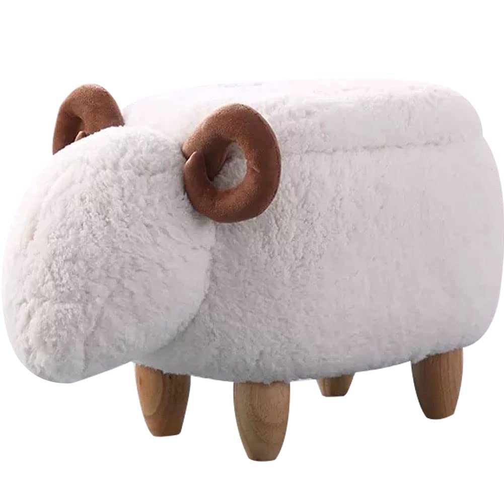 WAYUTO Furry Sheep Footstool Ottoman Bench - Upholstered Storage Foot Rest with Padded Seat, Heavy Duty Wood Legs for Living Room, Dorm, Bedroom - Perfect as Decorative Step Stool & Cozy Footrest