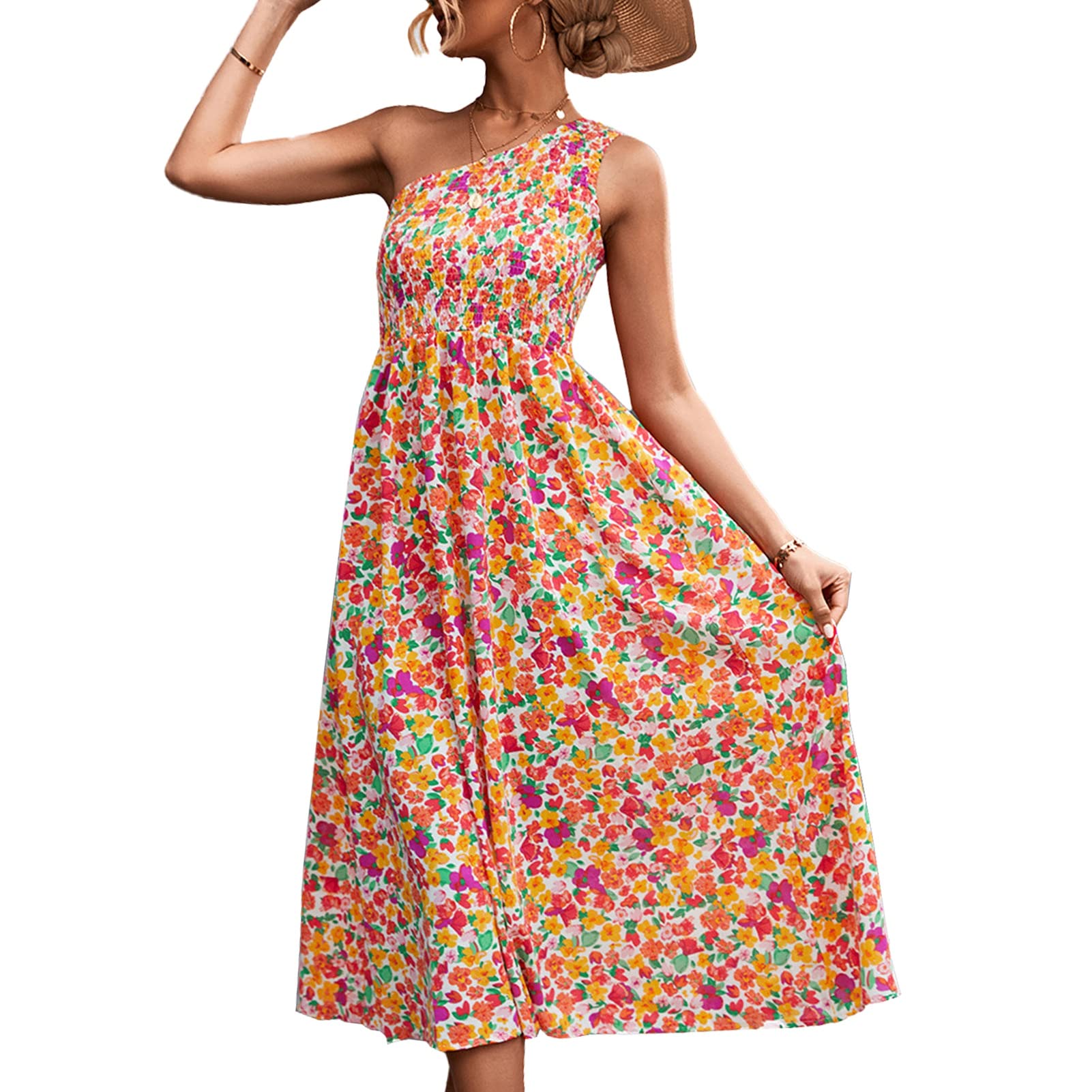 Ejoyous Women's One Shoulder Sleeveless Floral Print Maxi Dress - Boho Pleated Swing Midi Dress for Summer Casual Wear | Perfect for Beach Vacations, Date Nights & Outdoor Parties