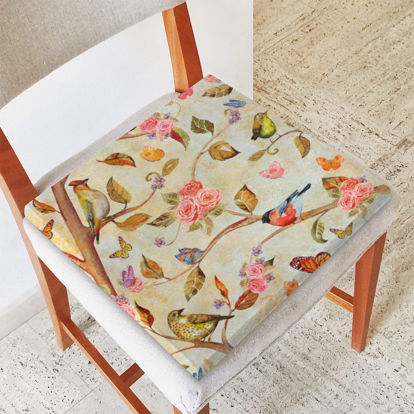 Memory Foam Seat Cushion with Flower Bird Branch Leaves Design - Soft, Washable & Comfortable Square Chair Pad with Zipper for Kitchen, Office, Sofa & Home - Perfect for Back Support and Long Sitting Sessions