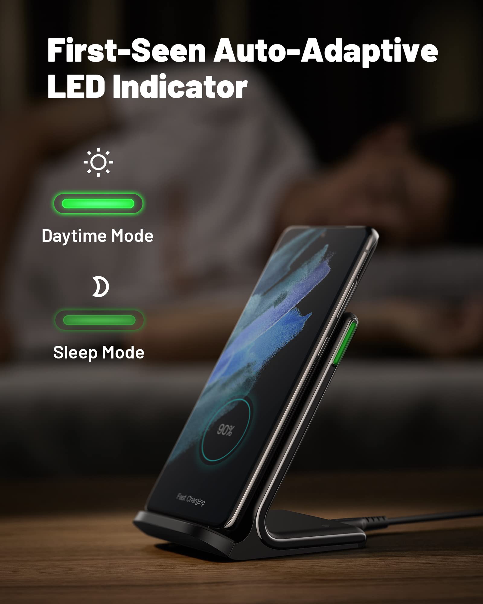 INIU 15W Qi-Certified Fast Wireless Charging Stand [2-Pack] - Sleep-Friendly Adaptive Light, Compatible with iPhone 16/15/14/13/12 Pro Max/Plus & Samsung Galaxy S22/S21/Note 20 - Perfect for Bedside, Office & Car Charging
