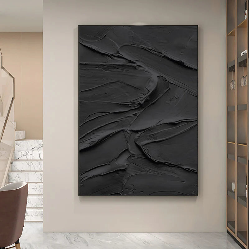 Black Plaster Art Minimalist Textured Painting - Modern Abstract Wall Decor for Living Room, Bedroom & Office | MZ117