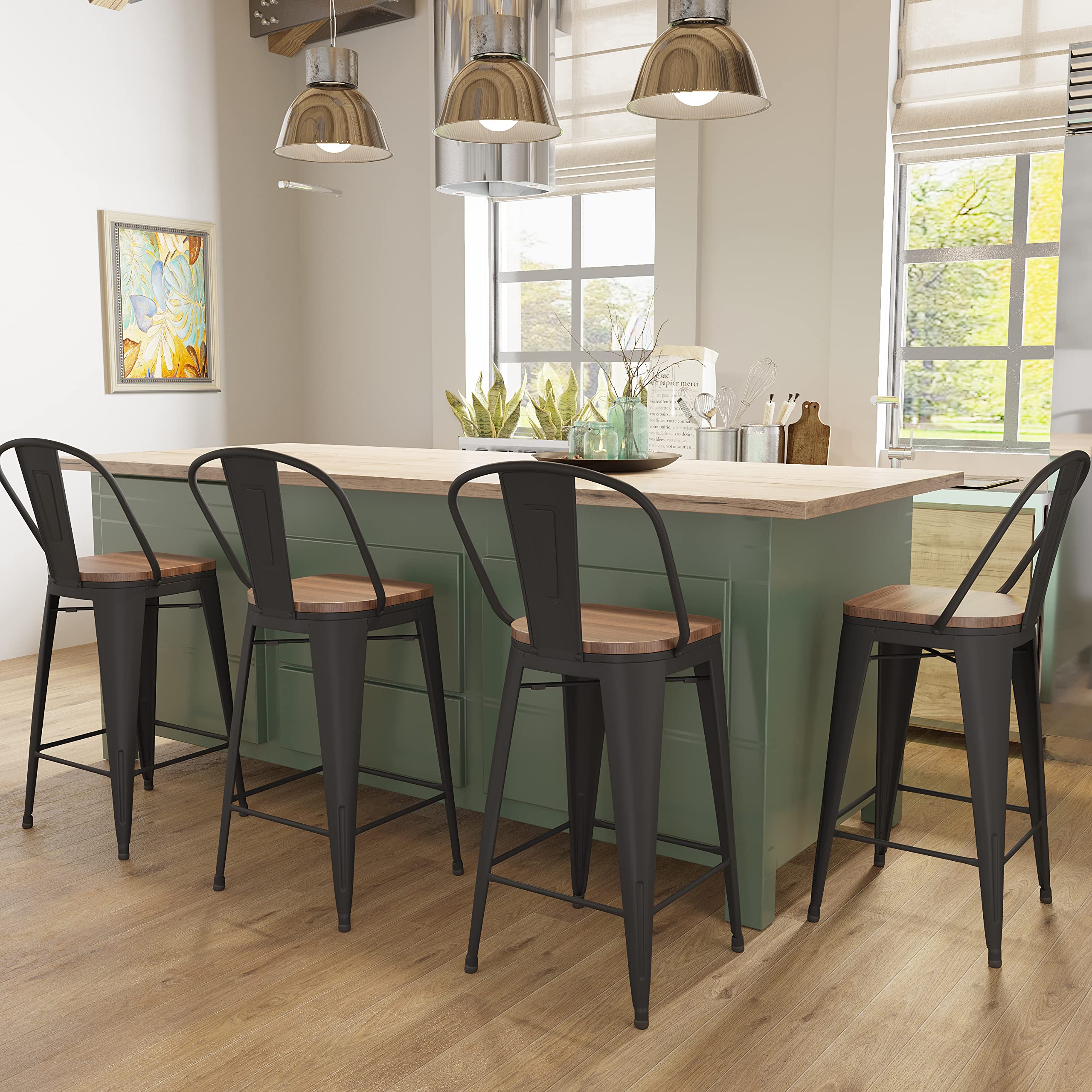 Aklaus 30 Inch Metal Bar Stools Set of 4 - Matte Black Modern Bar Height Stools with Backs & Larger Seat - Farmhouse Style Kitchen Dining Chairs for Home, Restaurant & Bar Use