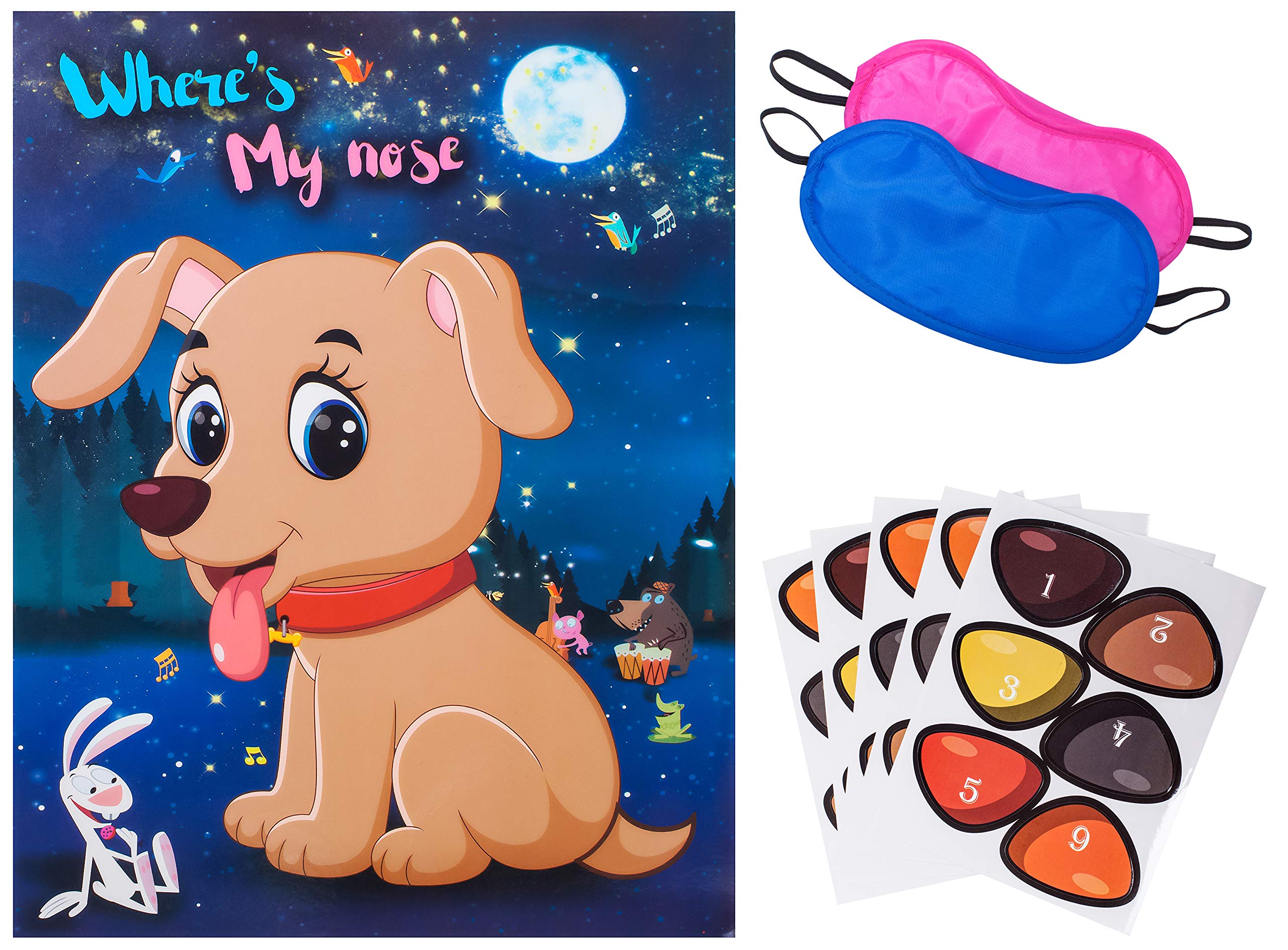 Reusable Pin The Nose on The Dog Party Game - Large 21x28 Inch Poster with 30 Nose Stickers - Fun Kids Birthday & Baby Shower Game for Dog Themed Parties - Perfect for Indoor & Outdoor Celebrations