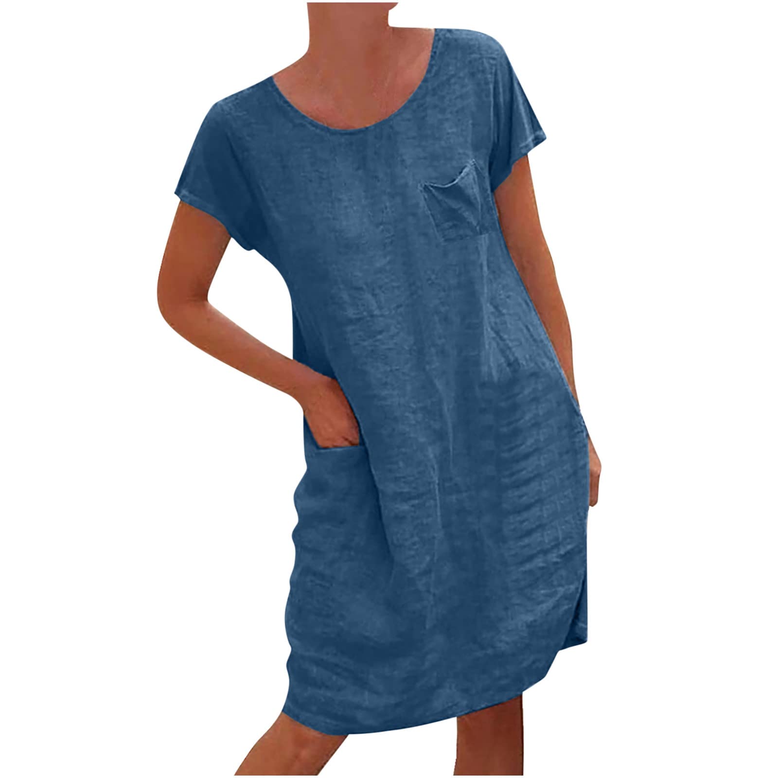 YIISU Women's Linen Midi Dress - Casual Short Sleeve Crewneck Summer Dress with Pockets | Perfect for Office, Beach & Everyday Wear